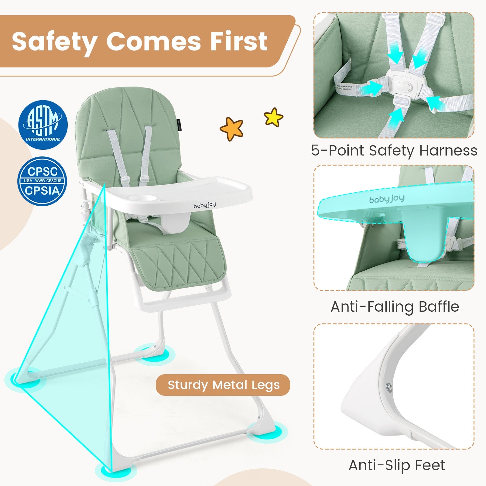 Easy Clean Compact Highchair with Removable Adjustable Tray and PU Seat Cushion, Green High Chairs at Gallery Canada