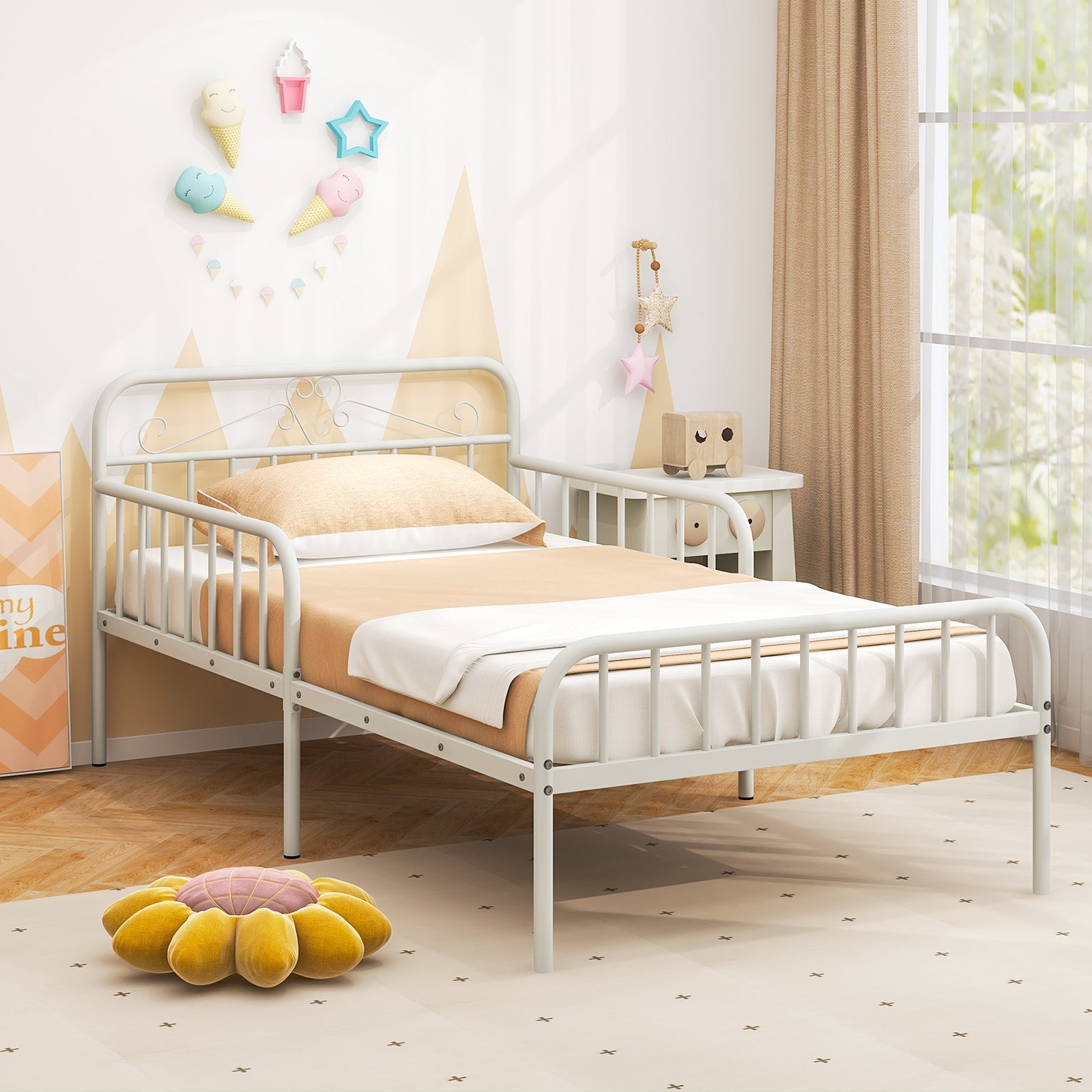 Twin Size Bed Frame with Headboard and Safety Side Guardrails, White Simple Bed Frame at Gallery Canada