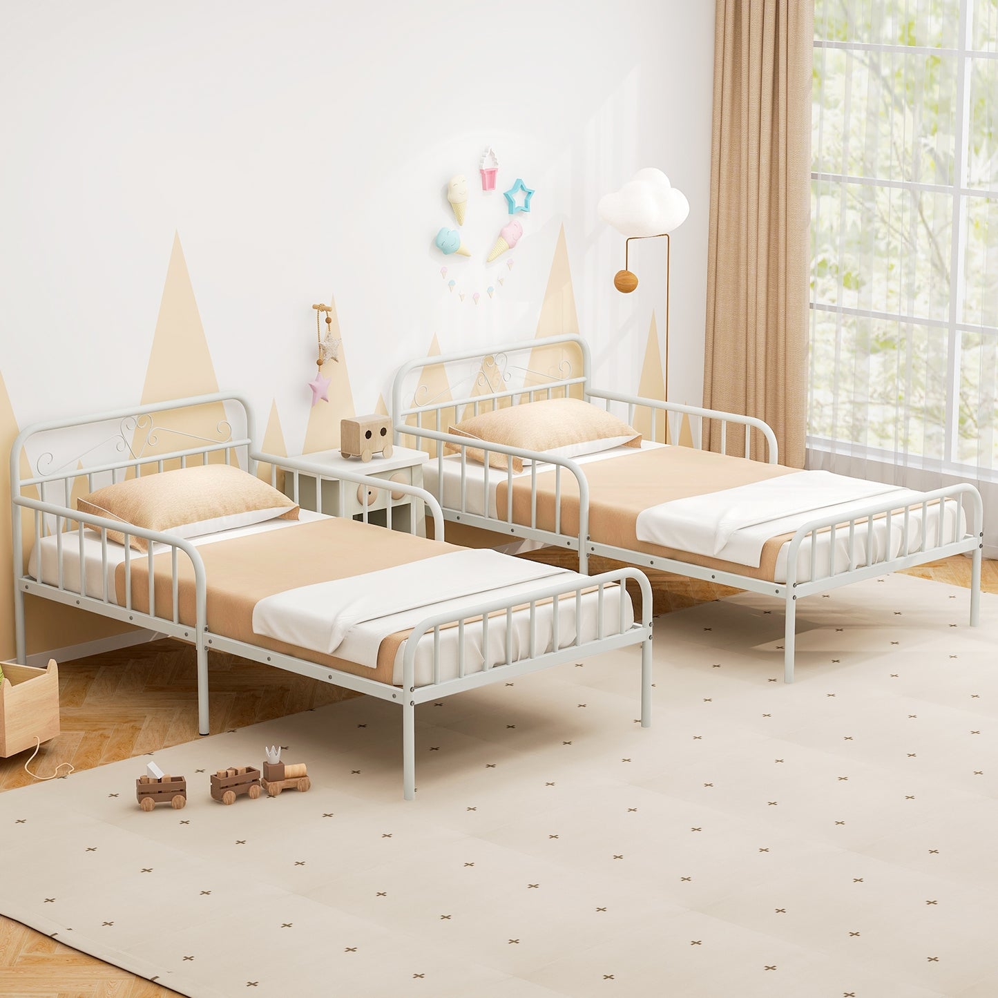 Twin Size Bed Frame with Headboard and Safety Side Guardrails, White Simple Bed Frame at Gallery Canada