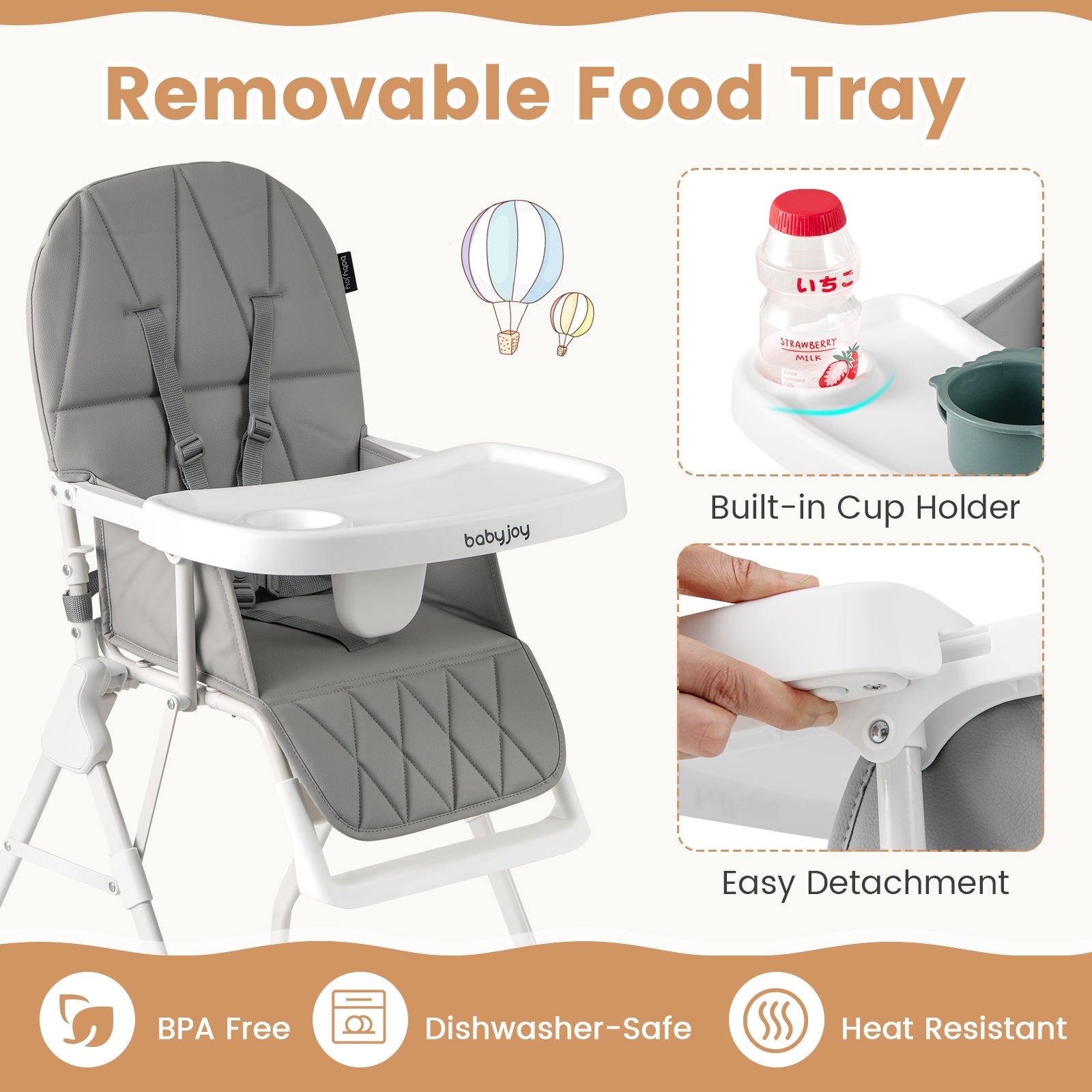 Easy Clean Compact Highchair with Removable Adjustable Tray and PU Seat Cushion, Gray High Chairs at Gallery Canada