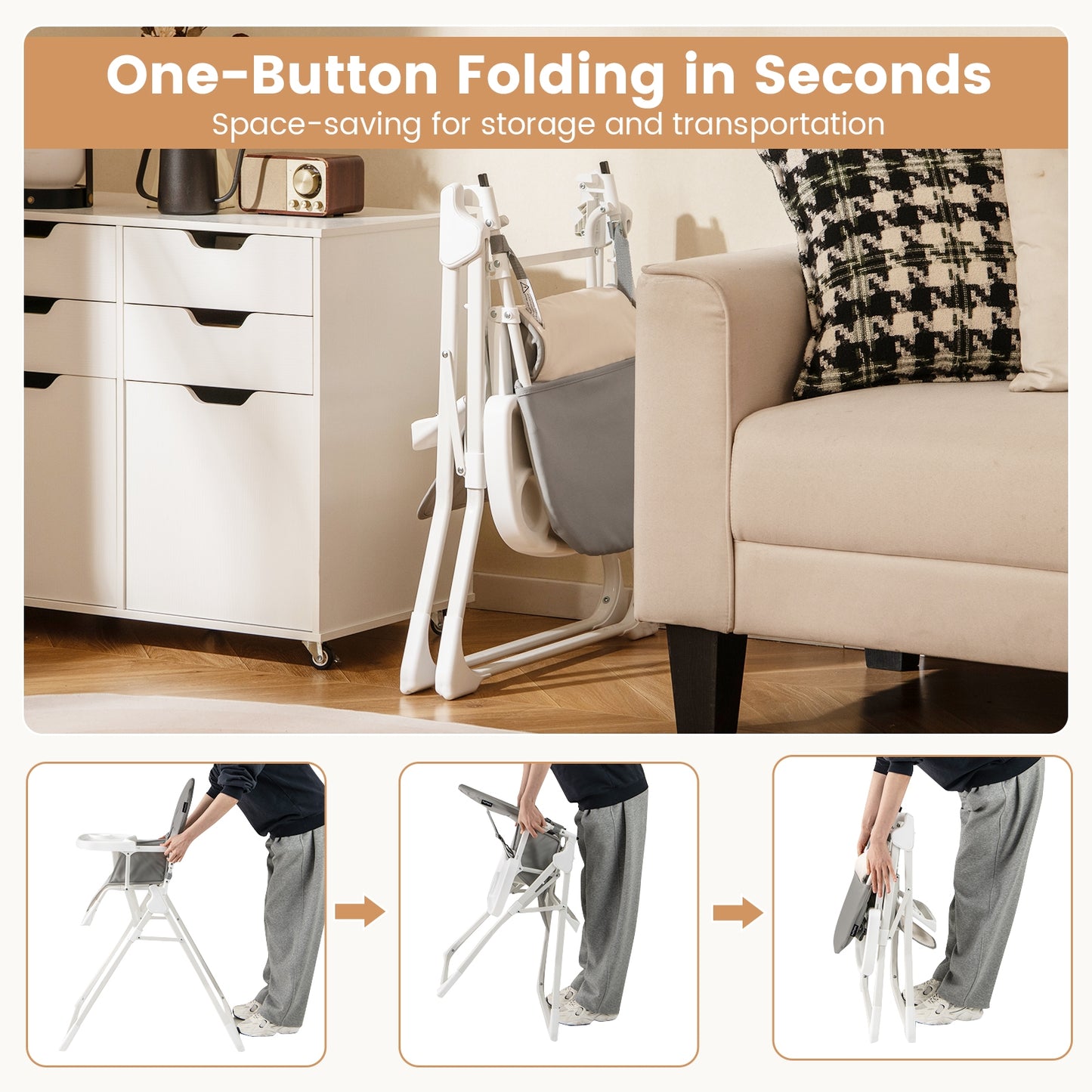 Easy Clean Compact Highchair with Removable Adjustable Tray and PU Seat Cushion, Gray High Chairs at Gallery Canada