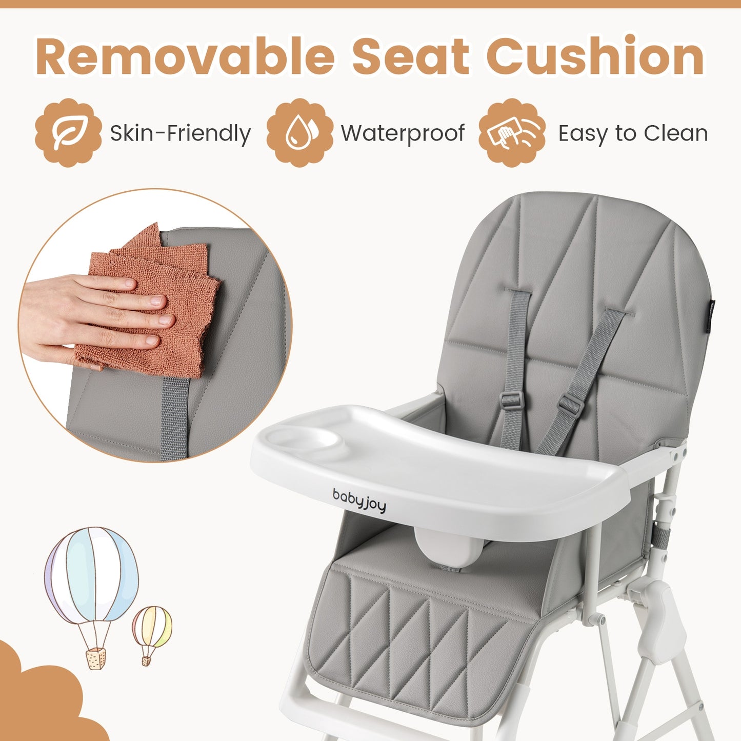 Easy Clean Compact Highchair with Removable Adjustable Tray and PU Seat Cushion, Gray High Chairs at Gallery Canada