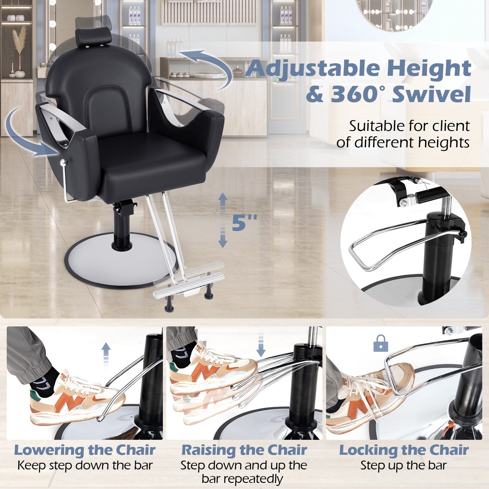 360° Swivel Reclining Salon Chair, Black Spa & Salon at Gallery Canada