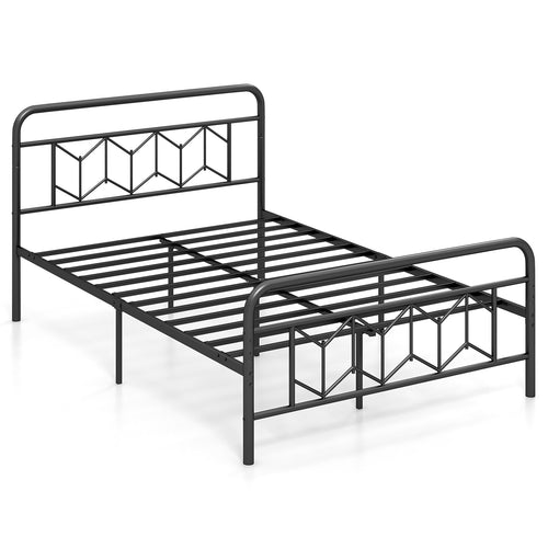 Platform Bed with High Headboard and Snap Lock Metal Slats-Full Size, Black