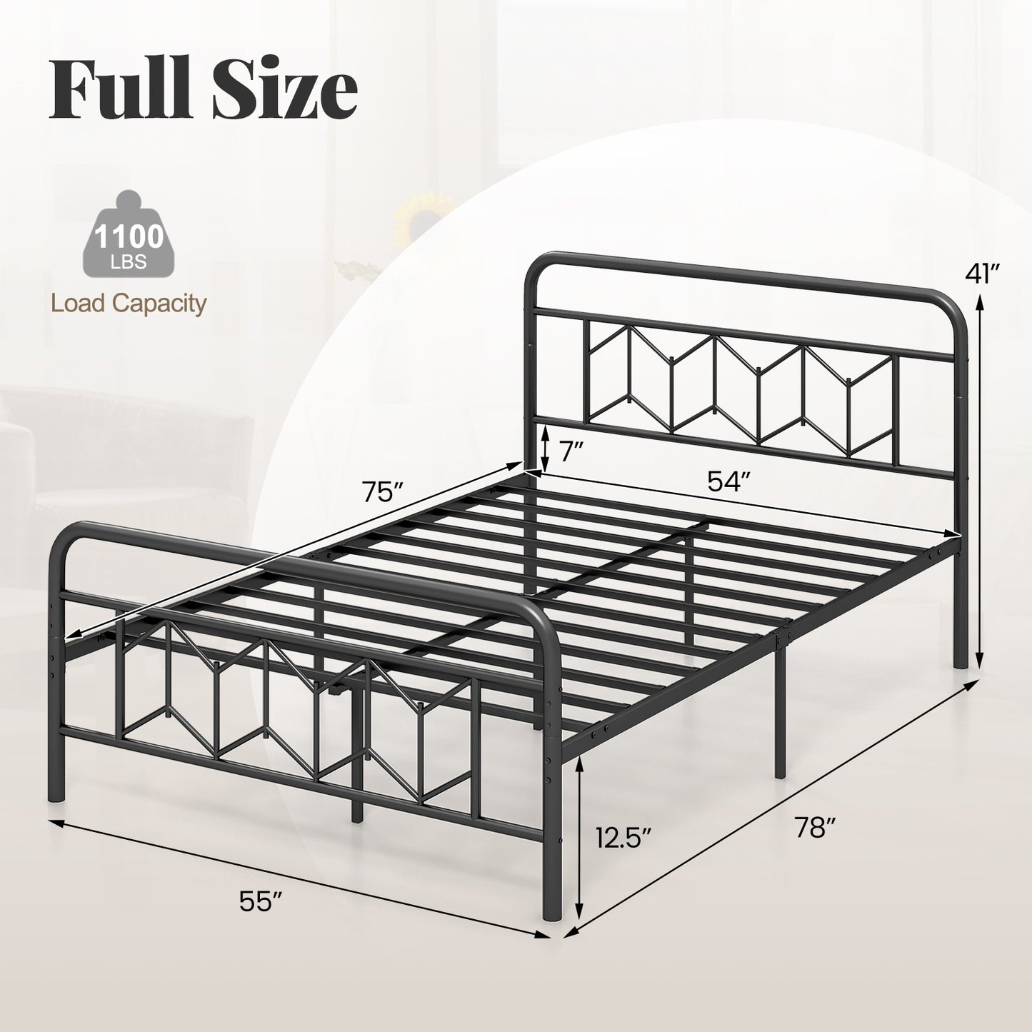 Platform Bed with High Headboard and Snap Lock Metal Slats-Full Size, Black Simple Bed Frame at Gallery Canada