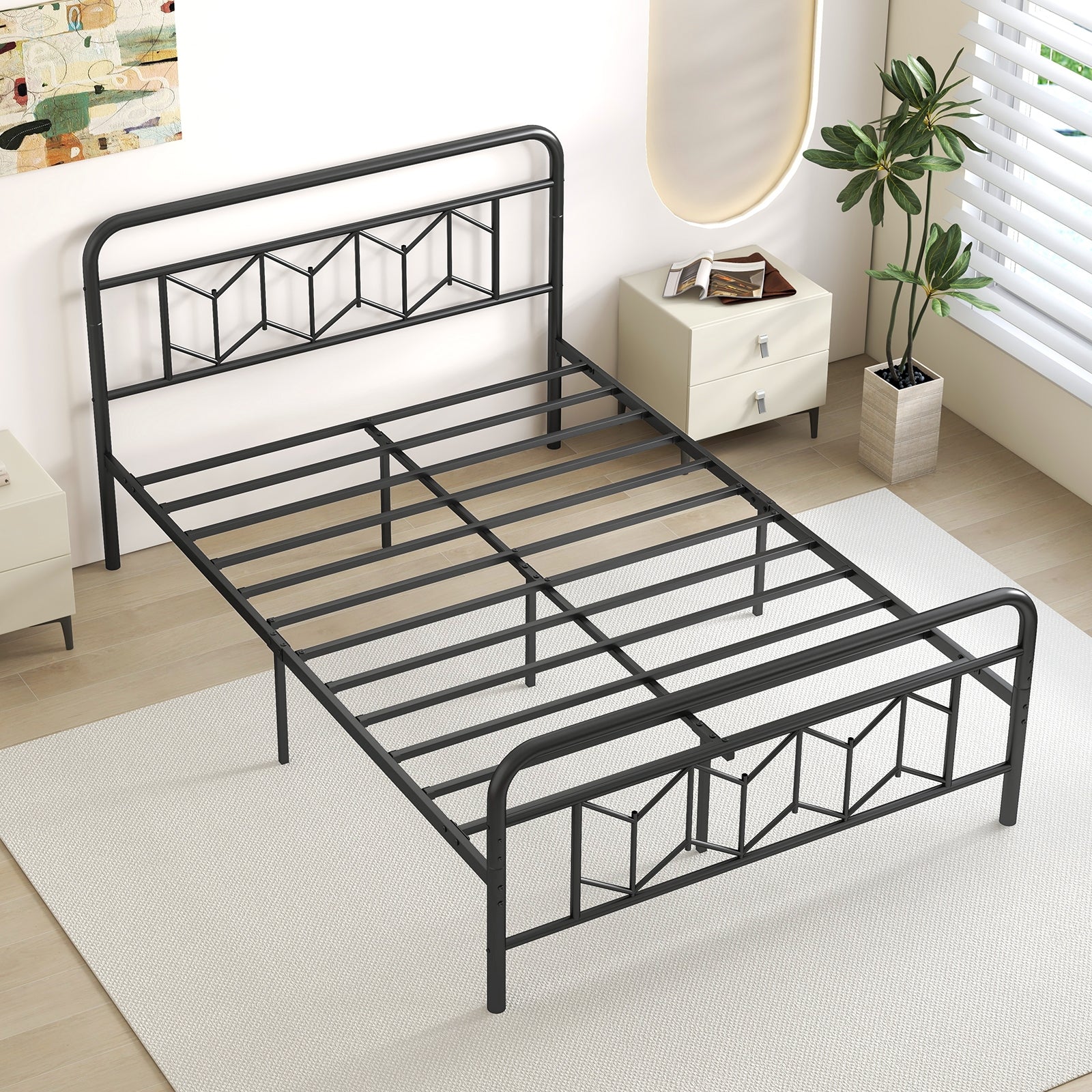 Platform Bed with High Headboard and Snap Lock Metal Slats-Full Size, Black Simple Bed Frame at Gallery Canada