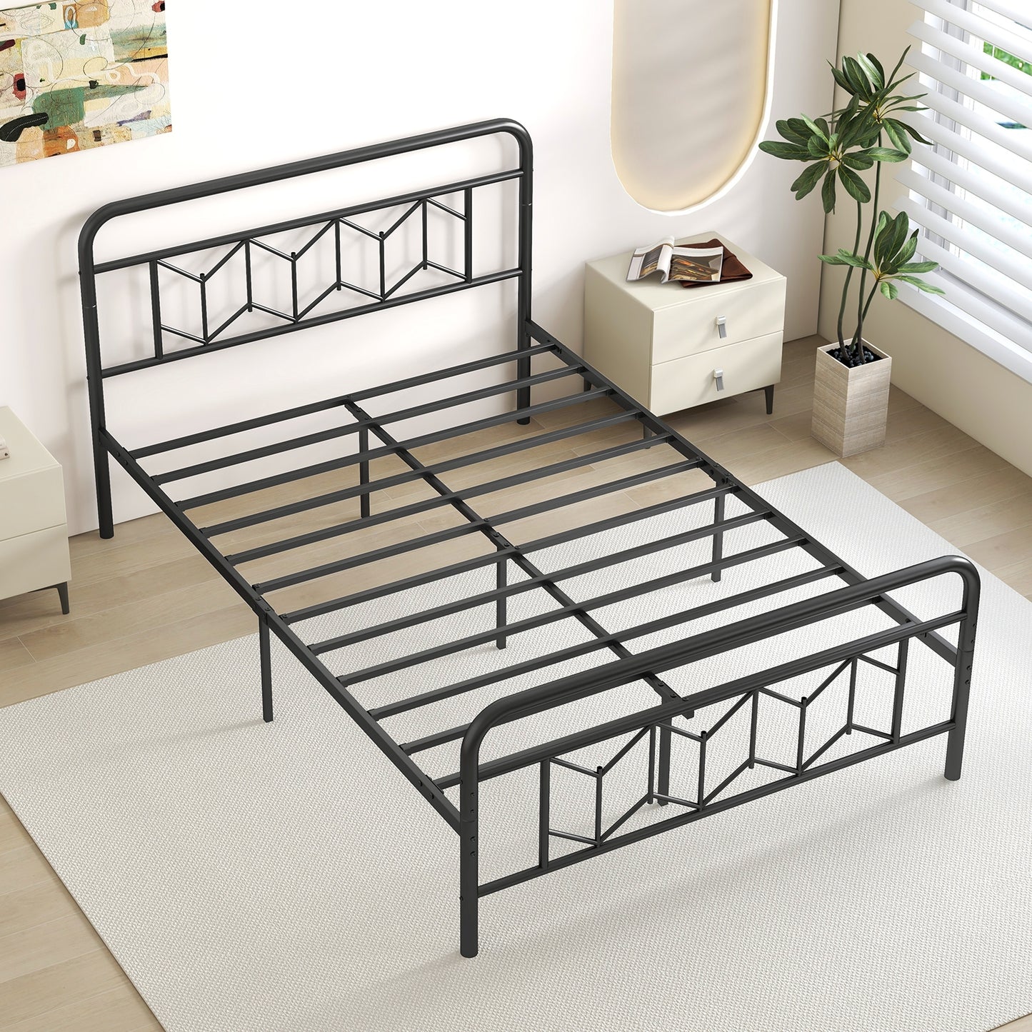 Full Size Platform Bed, High Headboard, Snap Lock Metal Slats, Black Simple Bed Frame at Gallery Canada