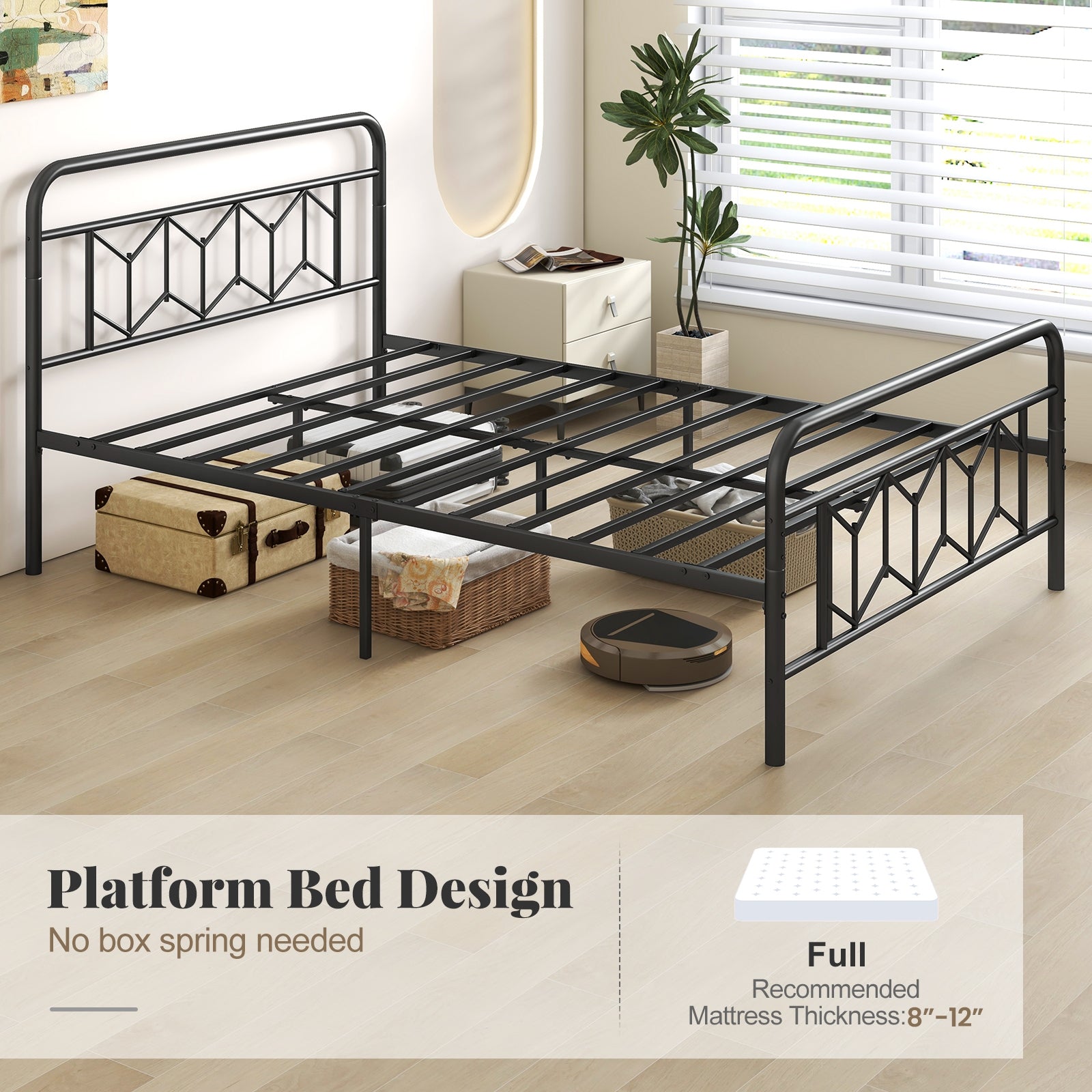 Platform Bed with High Headboard and Snap Lock Metal Slats-Full Size, Black Simple Bed Frame at Gallery Canada
