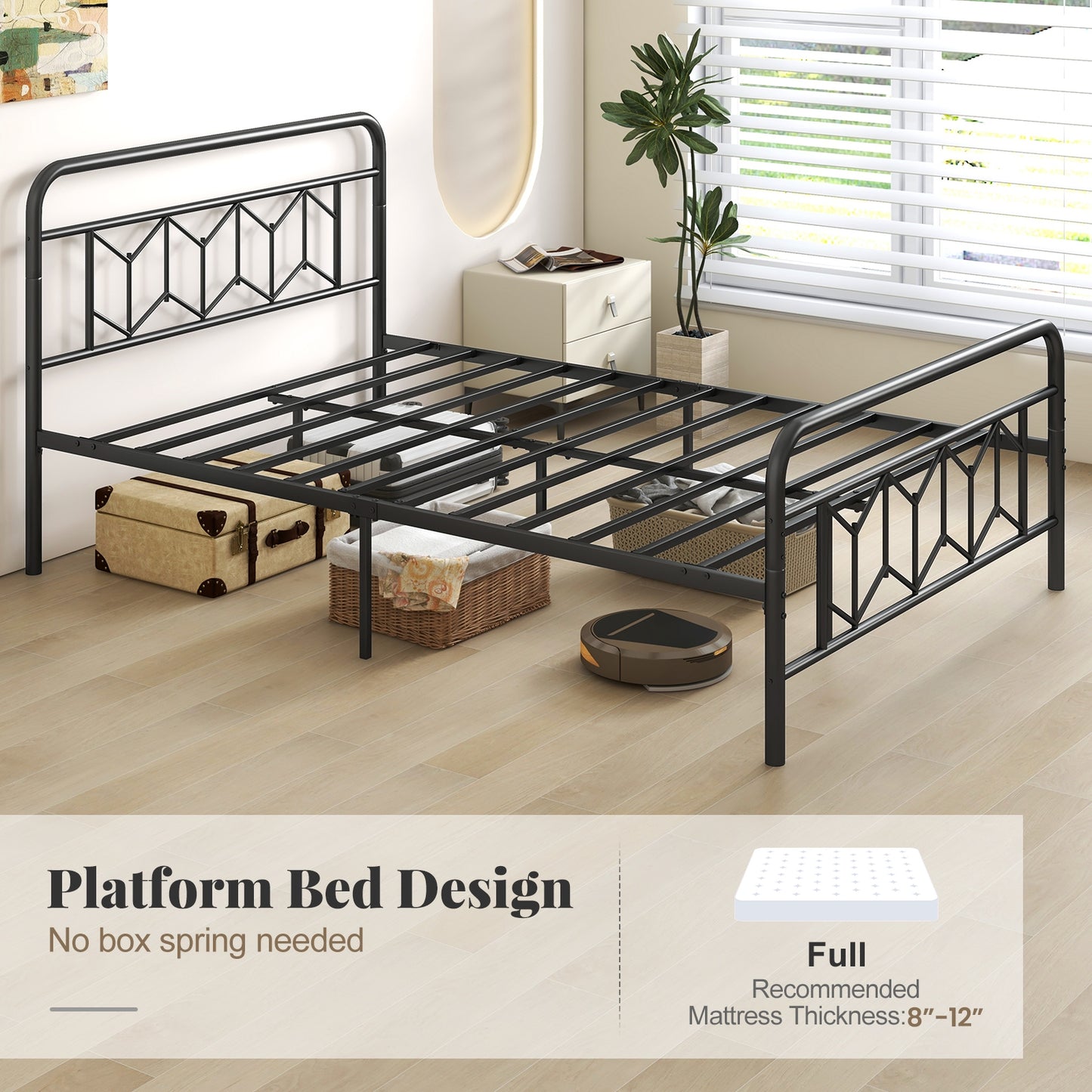 Platform Bed with High Headboard and Snap Lock Metal Slats-Full Size, Black Simple Bed Frame at Gallery Canada