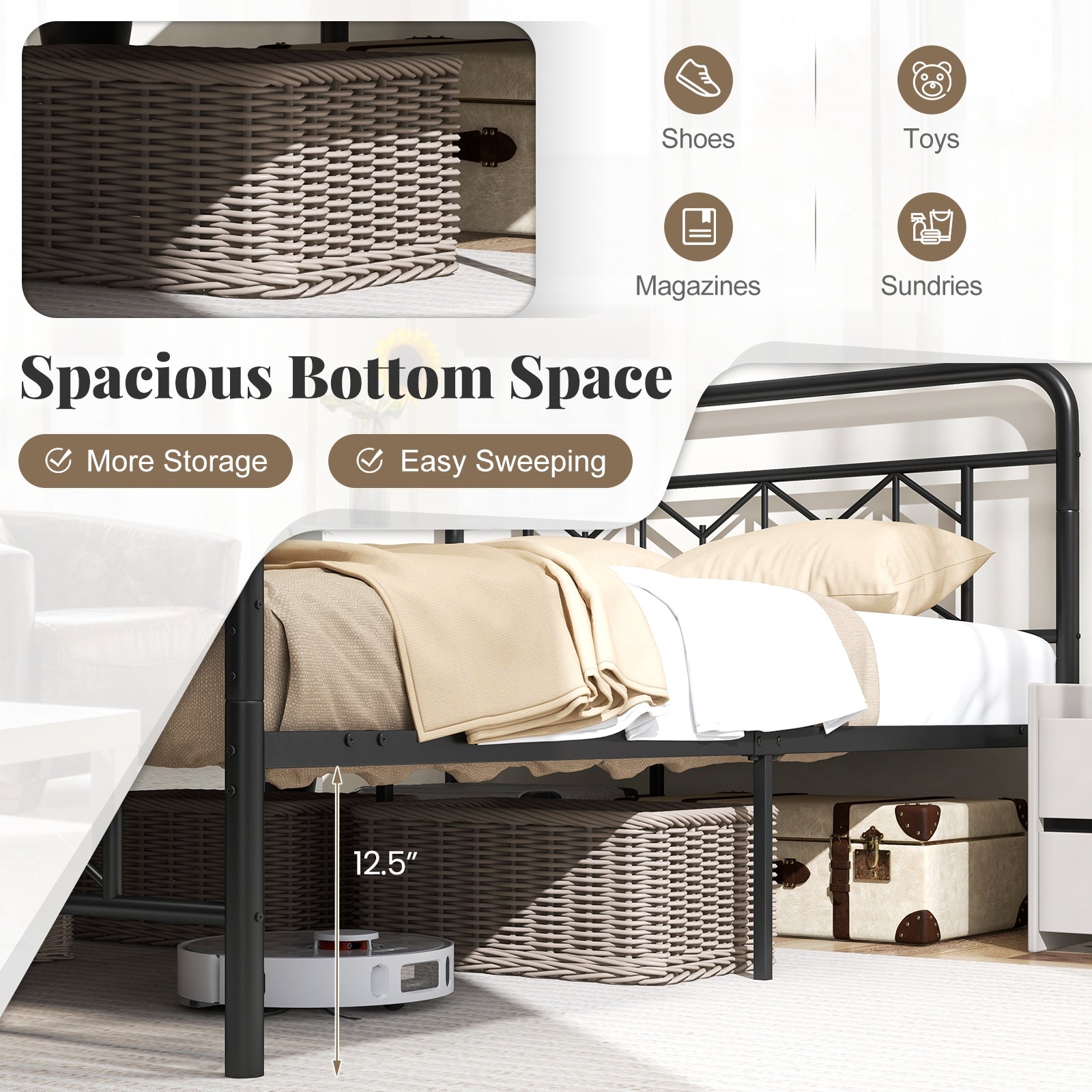 Platform Bed with High Headboard and Snap Lock Metal Slats-Full Size, Black Simple Bed Frame at Gallery Canada