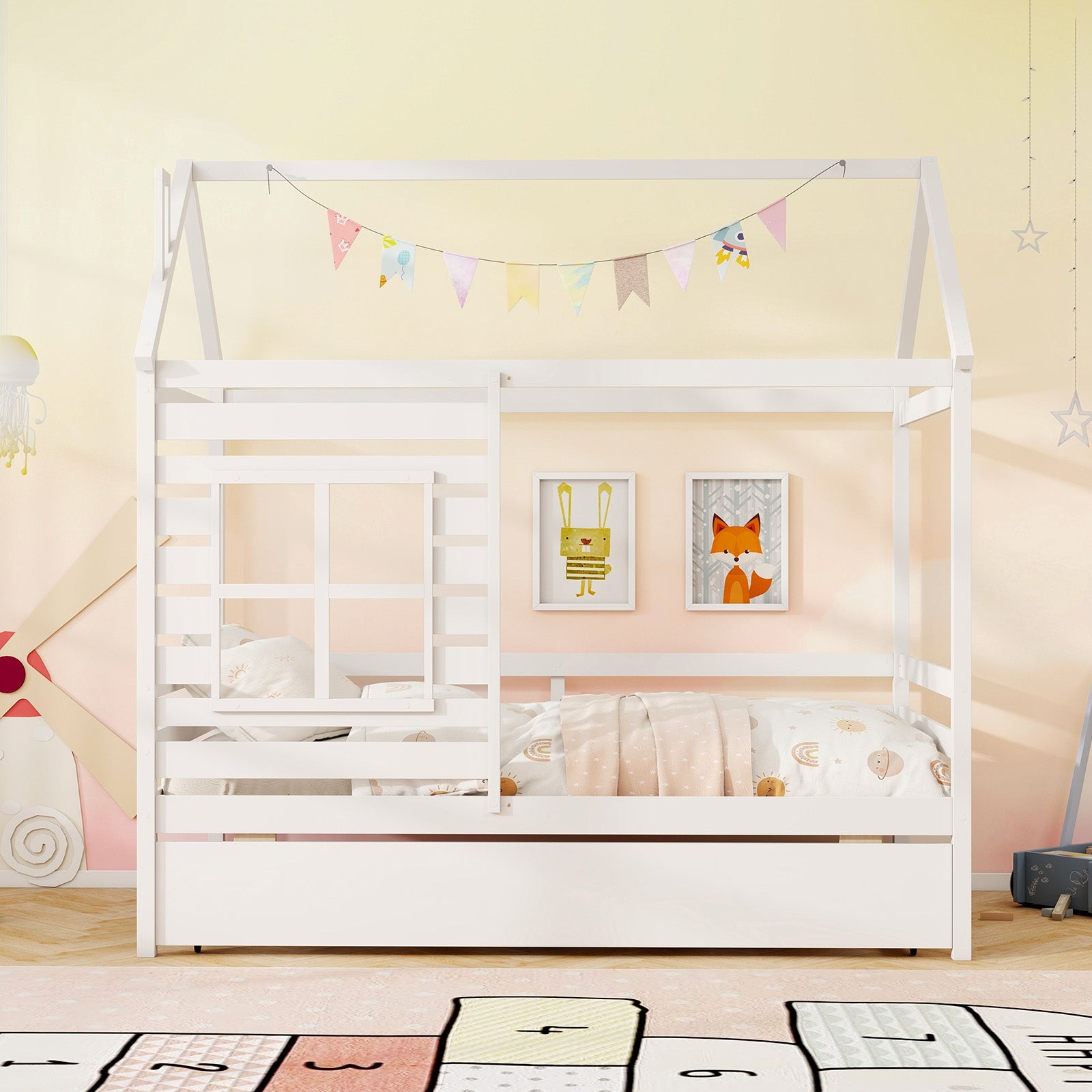 Twin Size Wooden Platform House Bed with Trundle and Roof, White Trundle Bed Frame at Gallery Canada