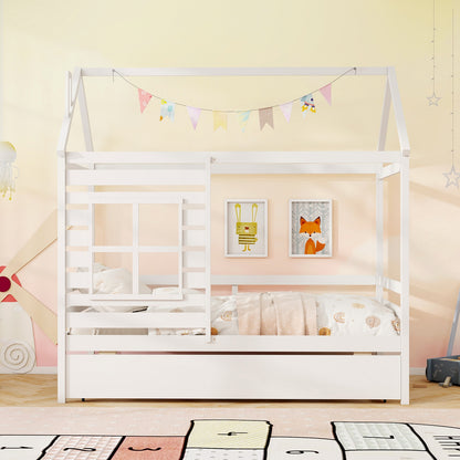 Twin Size Wooden Platform House Bed with Trundle and Roof, White Trundle Bed Frame at Gallery Canada