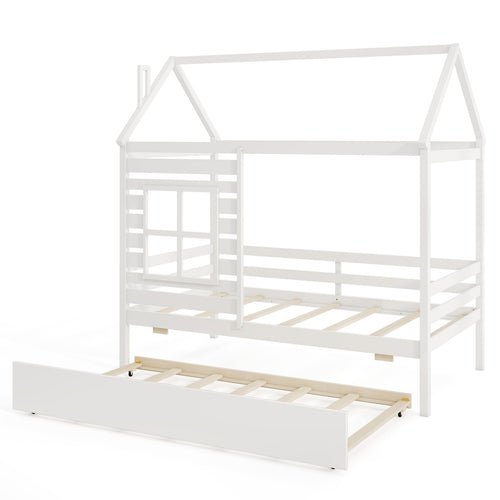 Twin Size Wooden Platform House Bed with Trundle and Roof, White