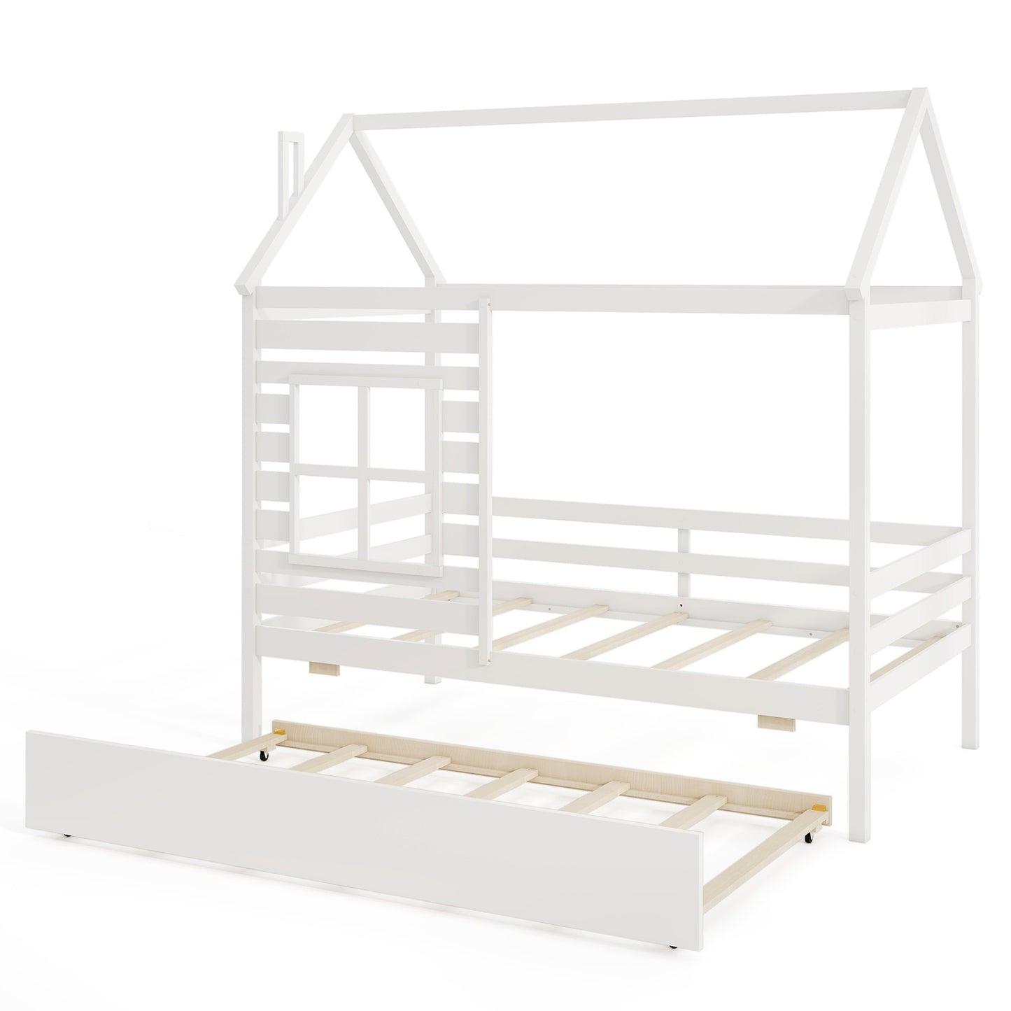 Twin Size Wooden Platform House Bed with Trundle and Roof, White Trundle Bed Frame at Gallery Canada