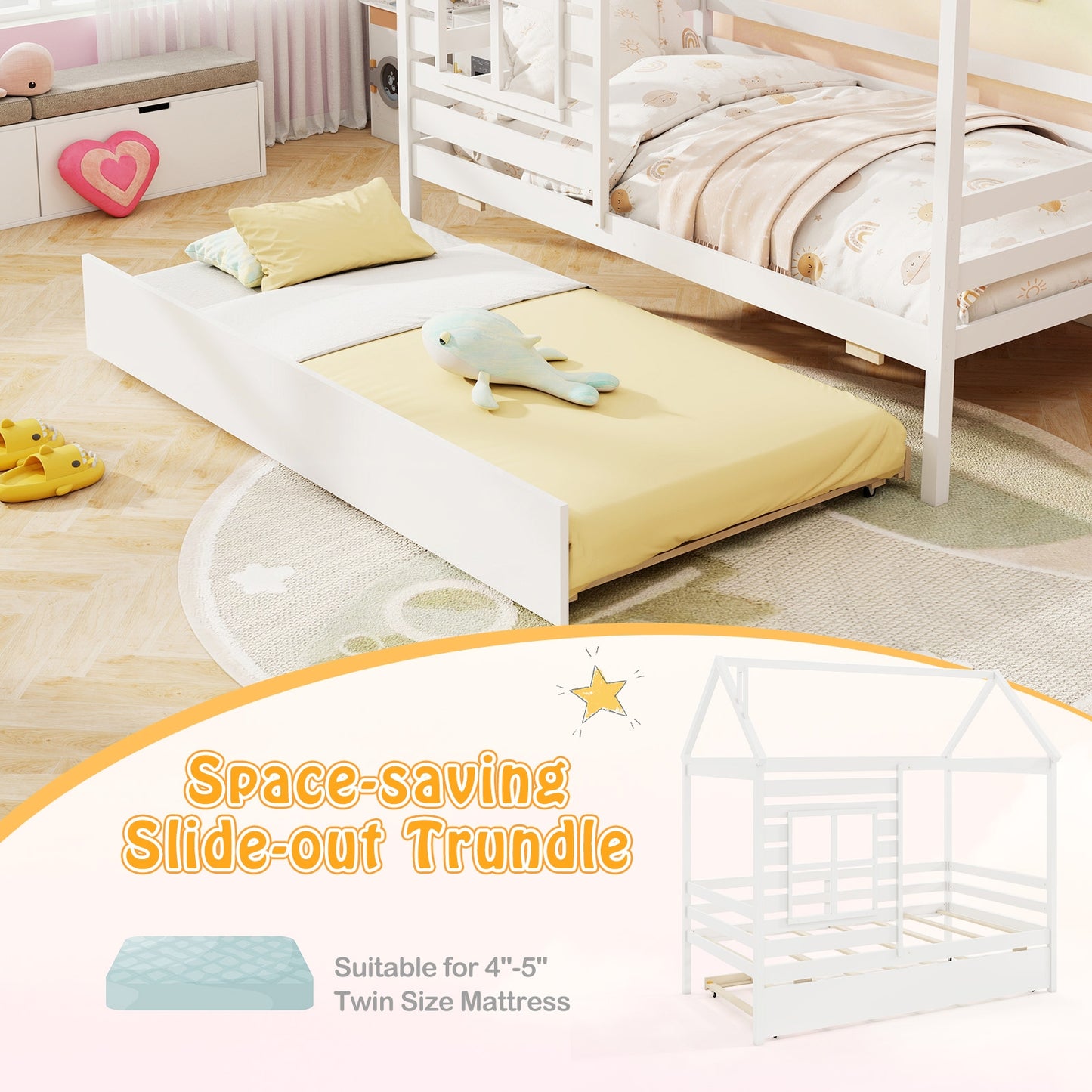 Twin Size Wooden Platform House Bed with Trundle and Roof, White Trundle Bed Frame at Gallery Canada