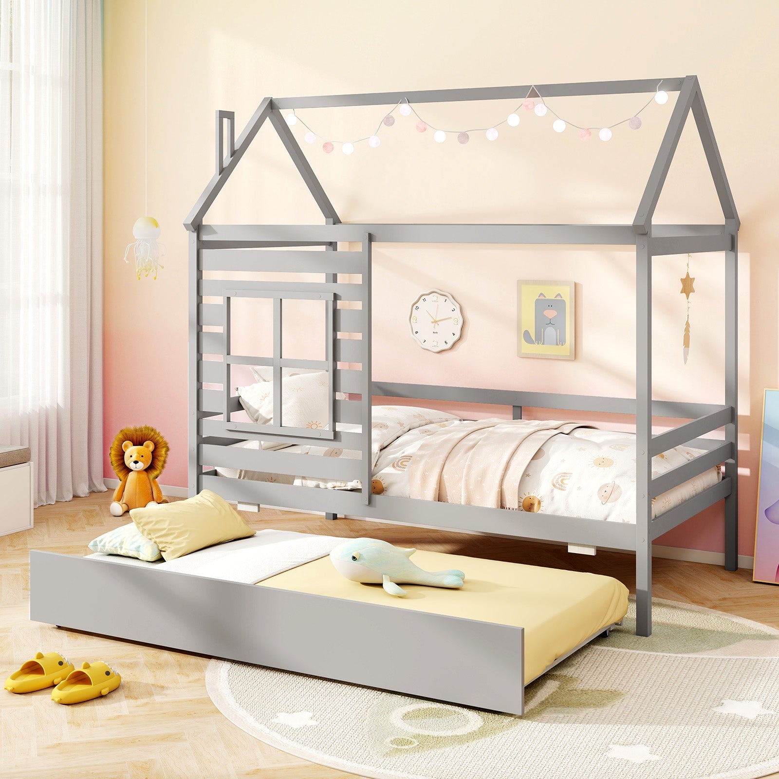 Twin Size Wooden Platform House Bed with Trundle and Roof-Grey, Gray Trundle Bed Frame at Gallery Canada