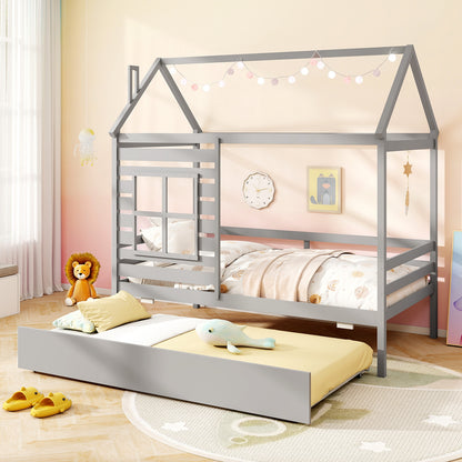 Twin Size Wooden Platform House Bed with Trundle and Roof-Grey, Gray Trundle Bed Frame at Gallery Canada
