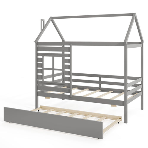 Twin Size Wooden Platform House Bed with Trundle and Roof-Grey, Gray