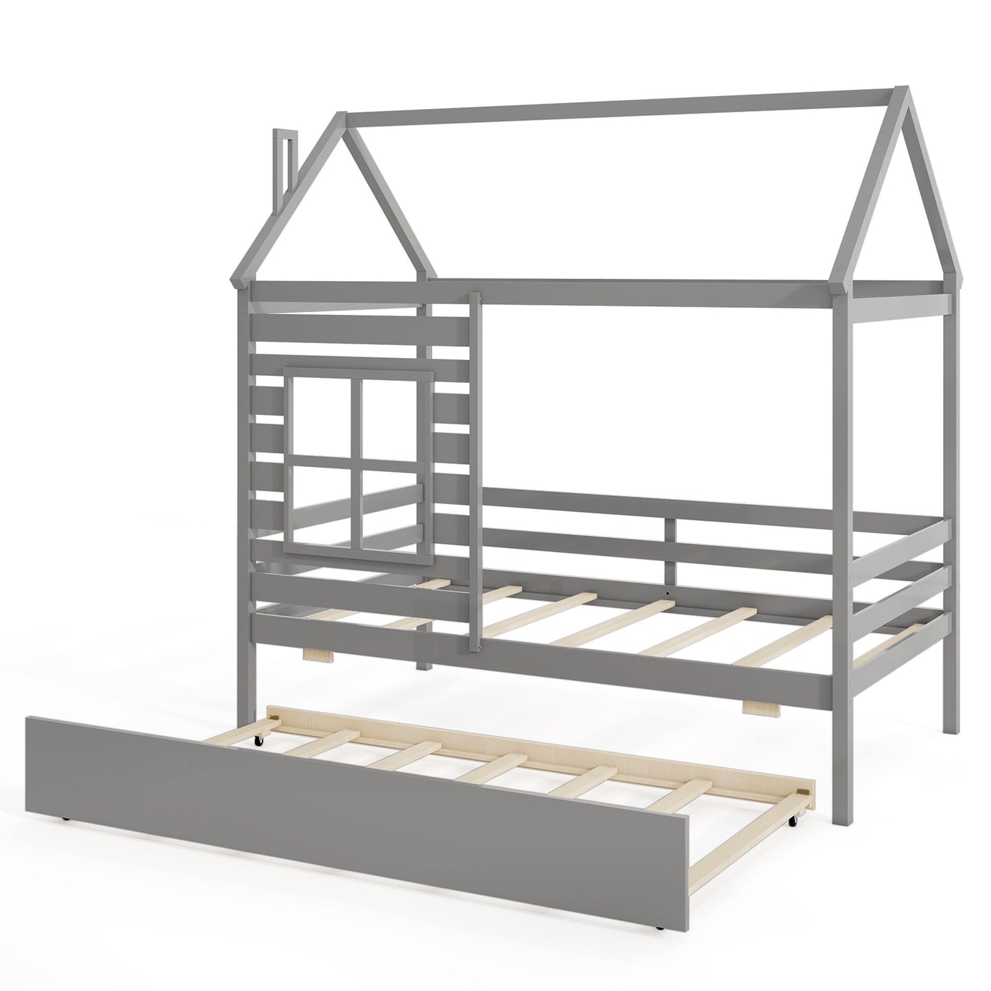 Twin Size Wooden Platform House Bed with Trundle and Roof-Grey, Gray Trundle Bed Frame at Gallery Canada