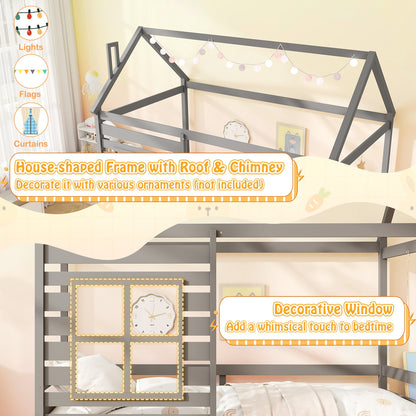 Twin Size Wooden Platform House Bed with Trundle and Roof-Grey, Gray Trundle Bed Frame at Gallery Canada