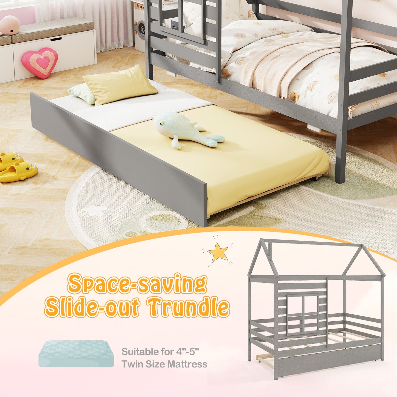 Twin Size Wooden Platform House Bed with Trundle and Roof-Grey, Gray Trundle Bed Frame at Gallery Canada