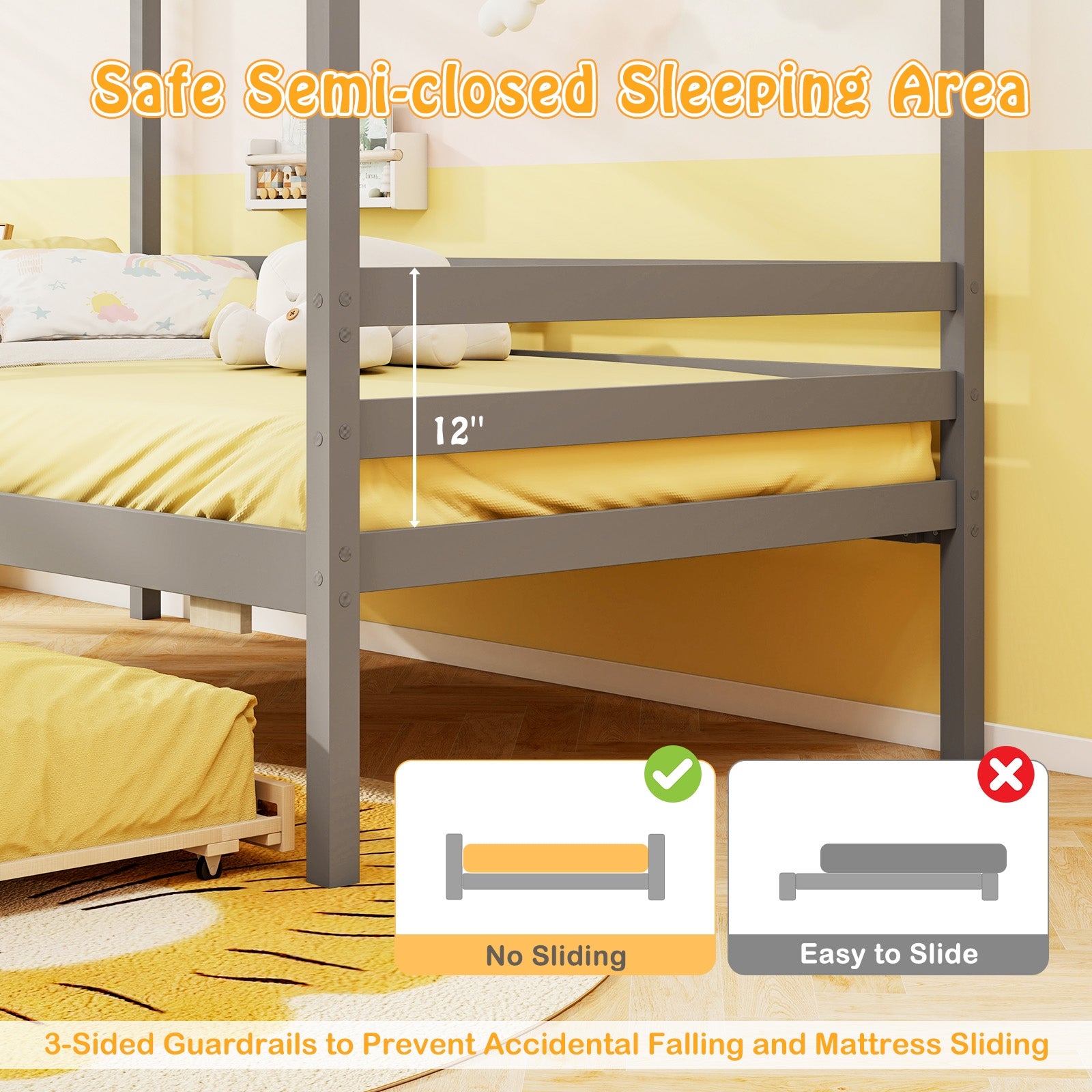 Twin Size Wooden Platform House Bed with Trundle and Roof-Grey, Gray Trundle Bed Frame at Gallery Canada