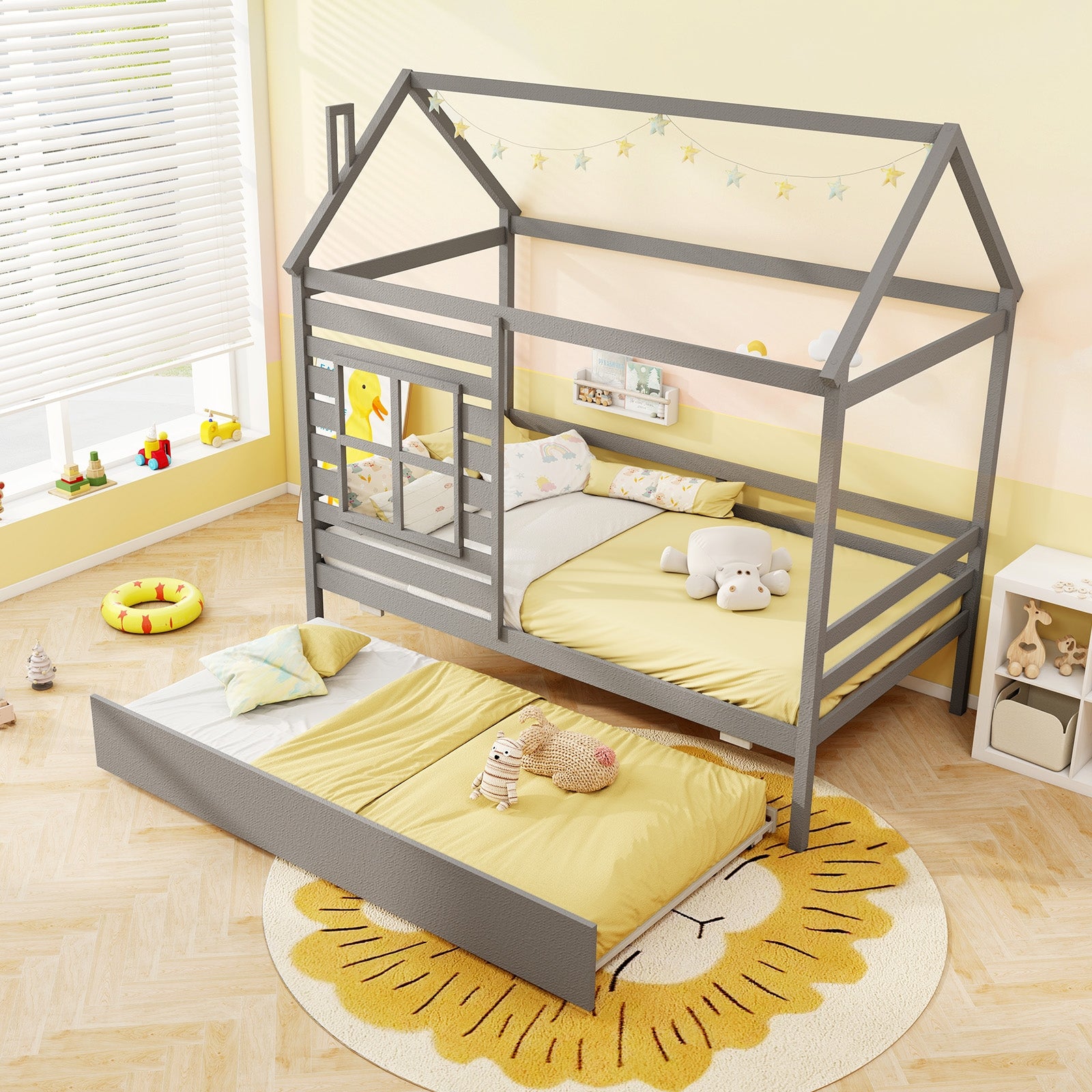 Twin Size Wooden Platform House Bed with Trundle and Roof-Grey, Gray Trundle Bed Frame at Gallery Canada
