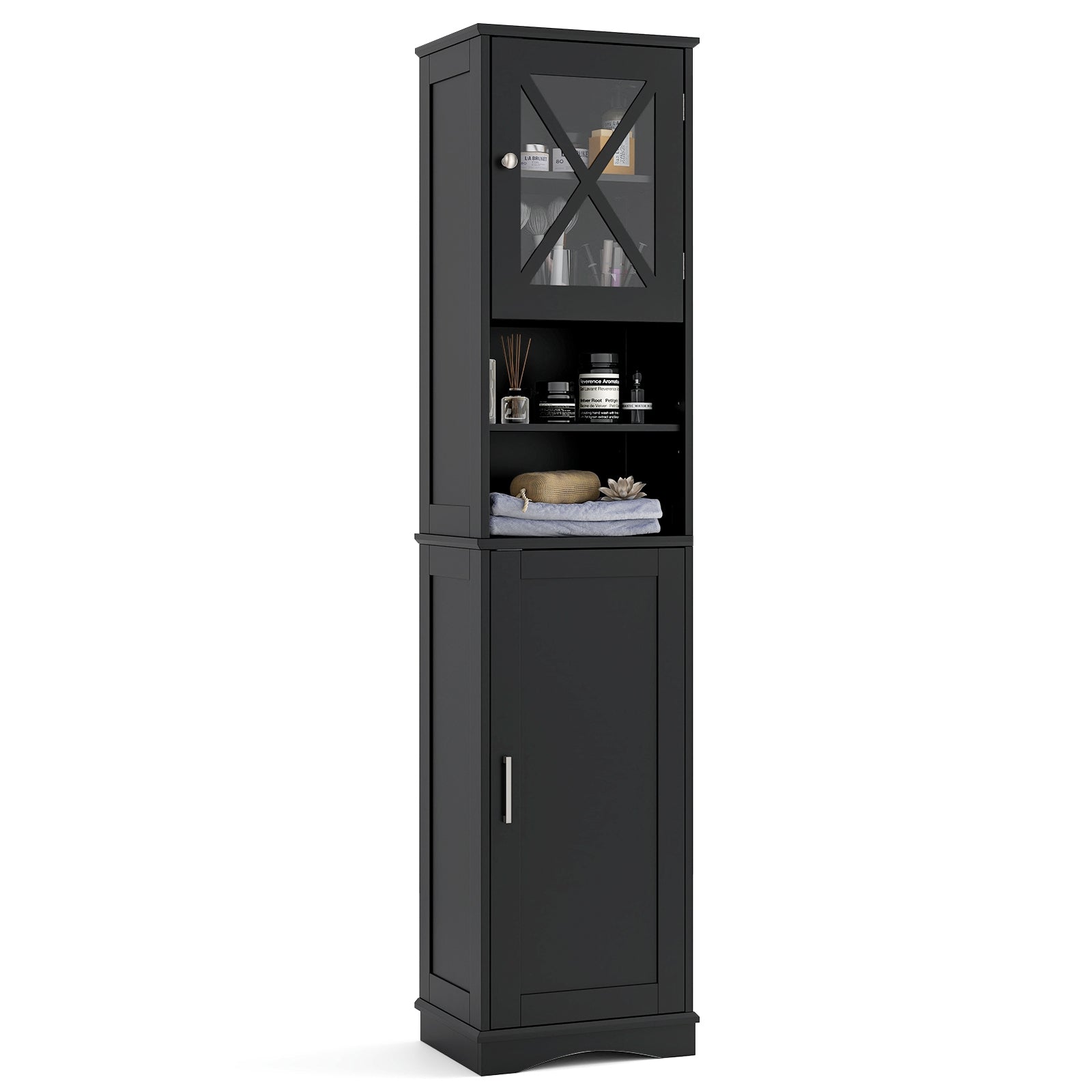 67 Inch Tall Bathroom Cabinet Freestanding Storage Cabinet with 5 Adjustable Shelves, Black Floor Cabinets Black at Gallery Canada
