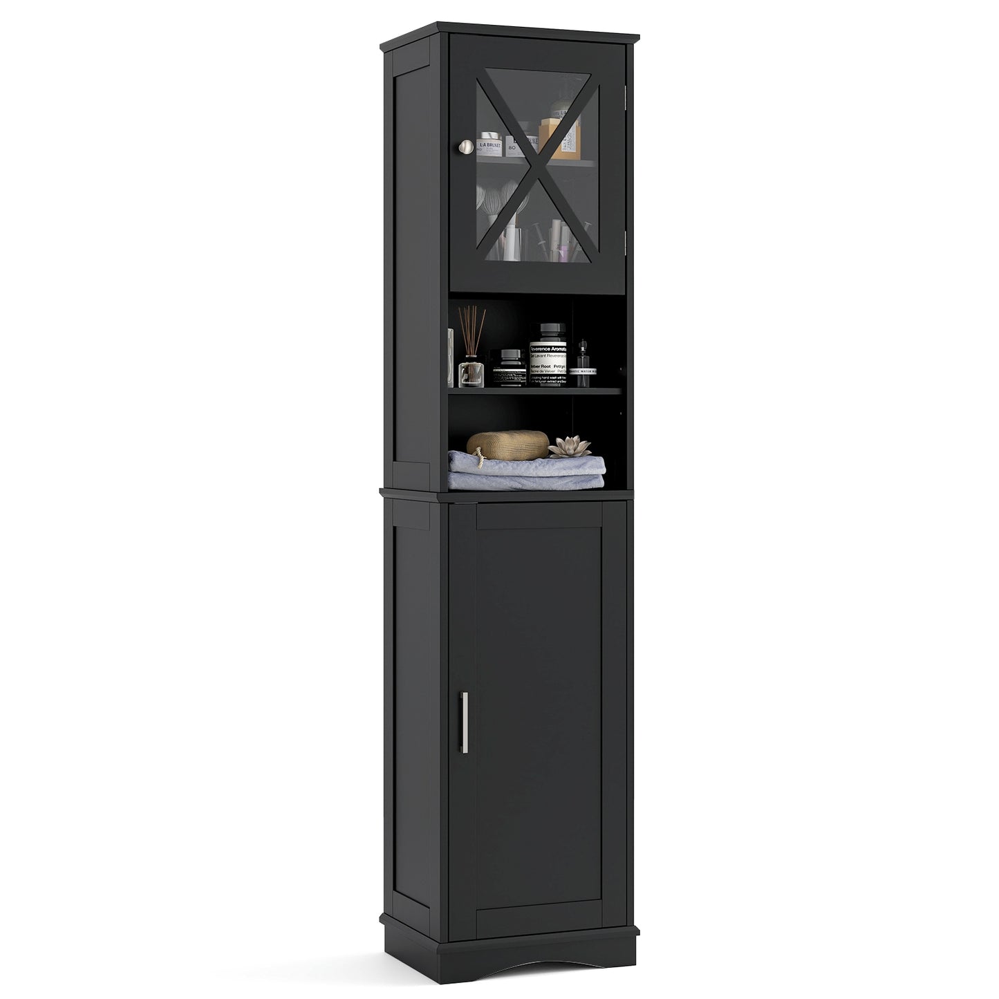 67 Inch Tall Bathroom Cabinet, Freestanding Storage, 5 Adjustable Shelves, Black