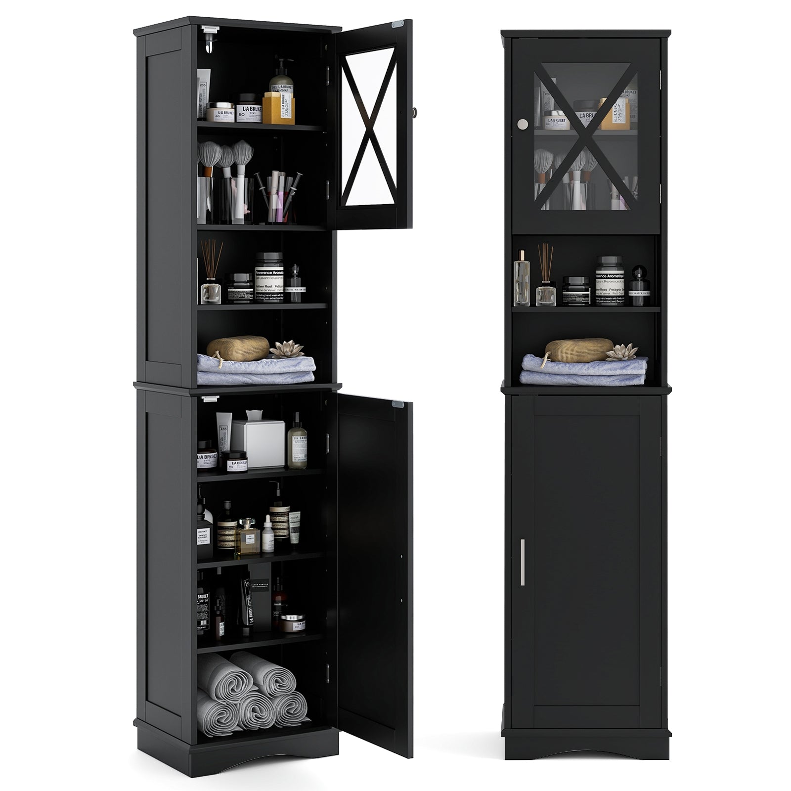67 Inch Tall Bathroom Cabinet Freestanding Storage Cabinet with 5 Adjustable Shelves, Black Floor Cabinets at Gallery Canada