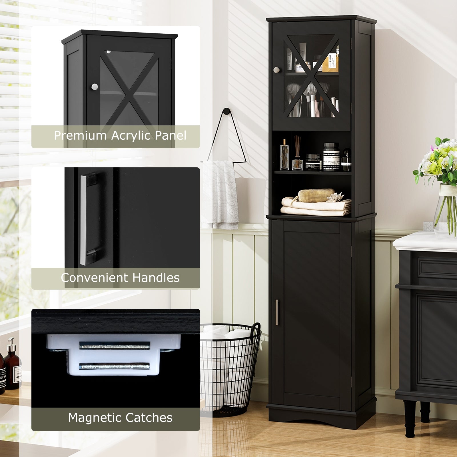67 Inch Tall Bathroom Cabinet Freestanding Storage Cabinet with 5 Adjustable Shelves, Black Floor Cabinets at Gallery Canada