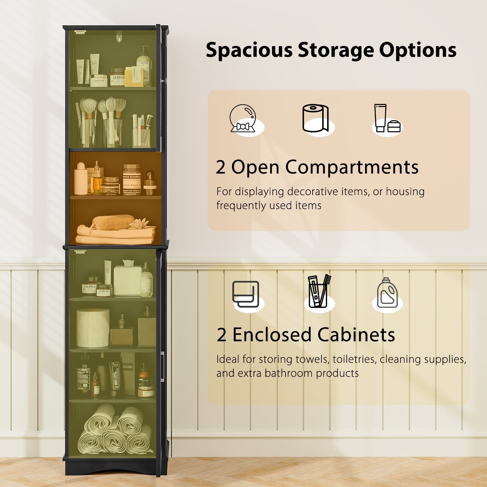 67 Inch Tall Bathroom Cabinet Freestanding Storage Cabinet with 5 Adjustable Shelves, Black Floor Cabinets at Gallery Canada