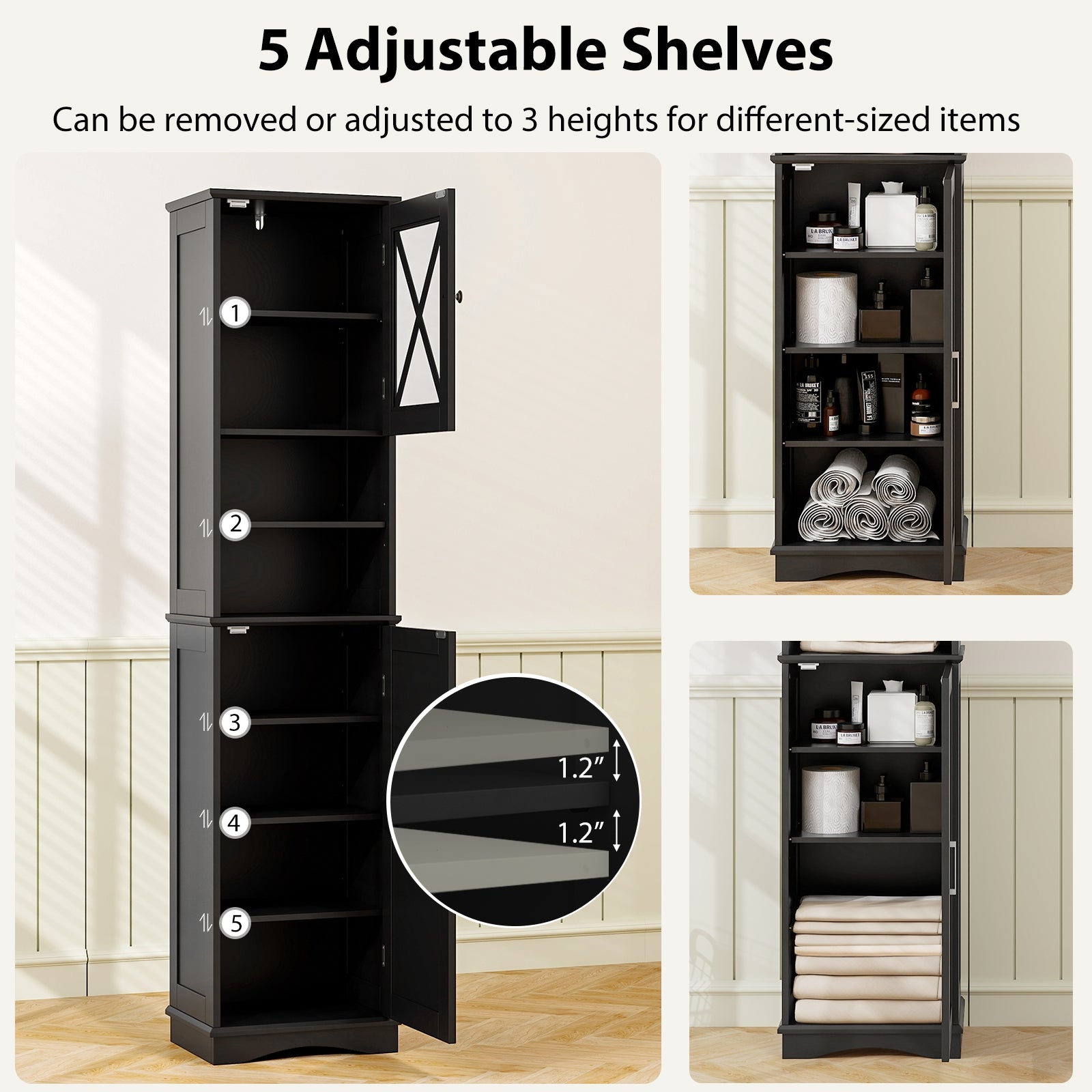 67 Inch Tall Bathroom Cabinet Freestanding Storage Cabinet with 5 Adjustable Shelves, Black Floor Cabinets at Gallery Canada