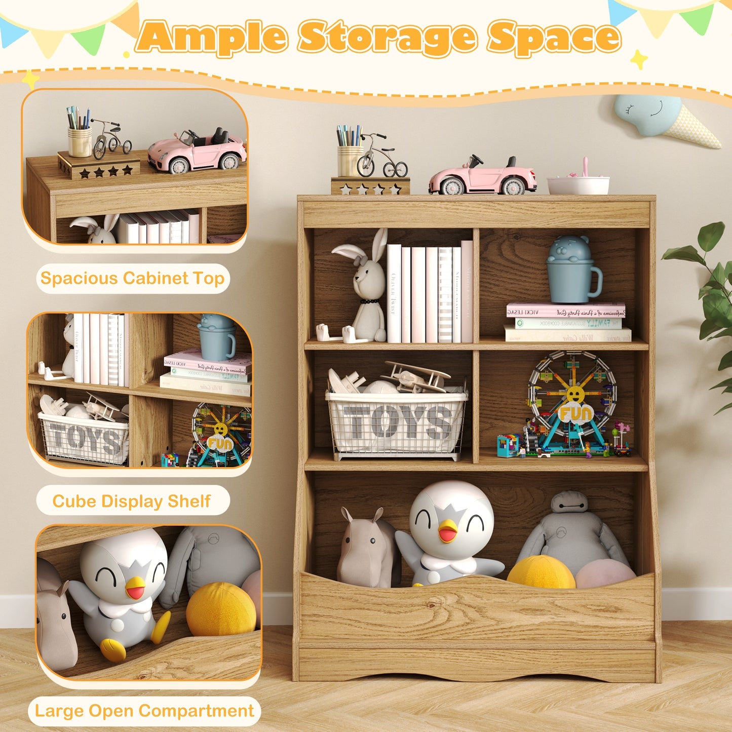 3-Tier Children's Multi-Functional Bookcase Toy Storage Bin Floor Cabinet, Natural Kids Storage at Gallery Canada