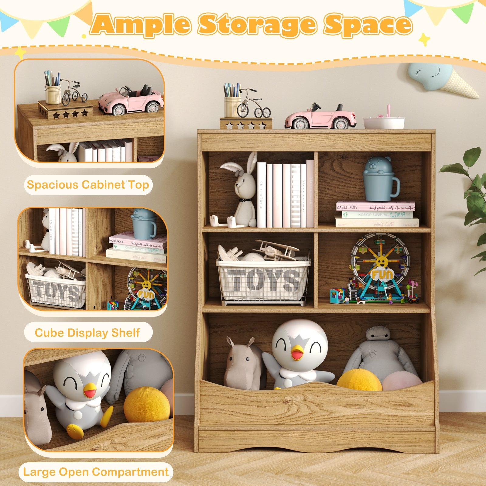 3-Tier Children's Multi-Functional Bookcase Toy Storage Bin Floor Cabinet, Natural Kids Storage at Gallery Canada