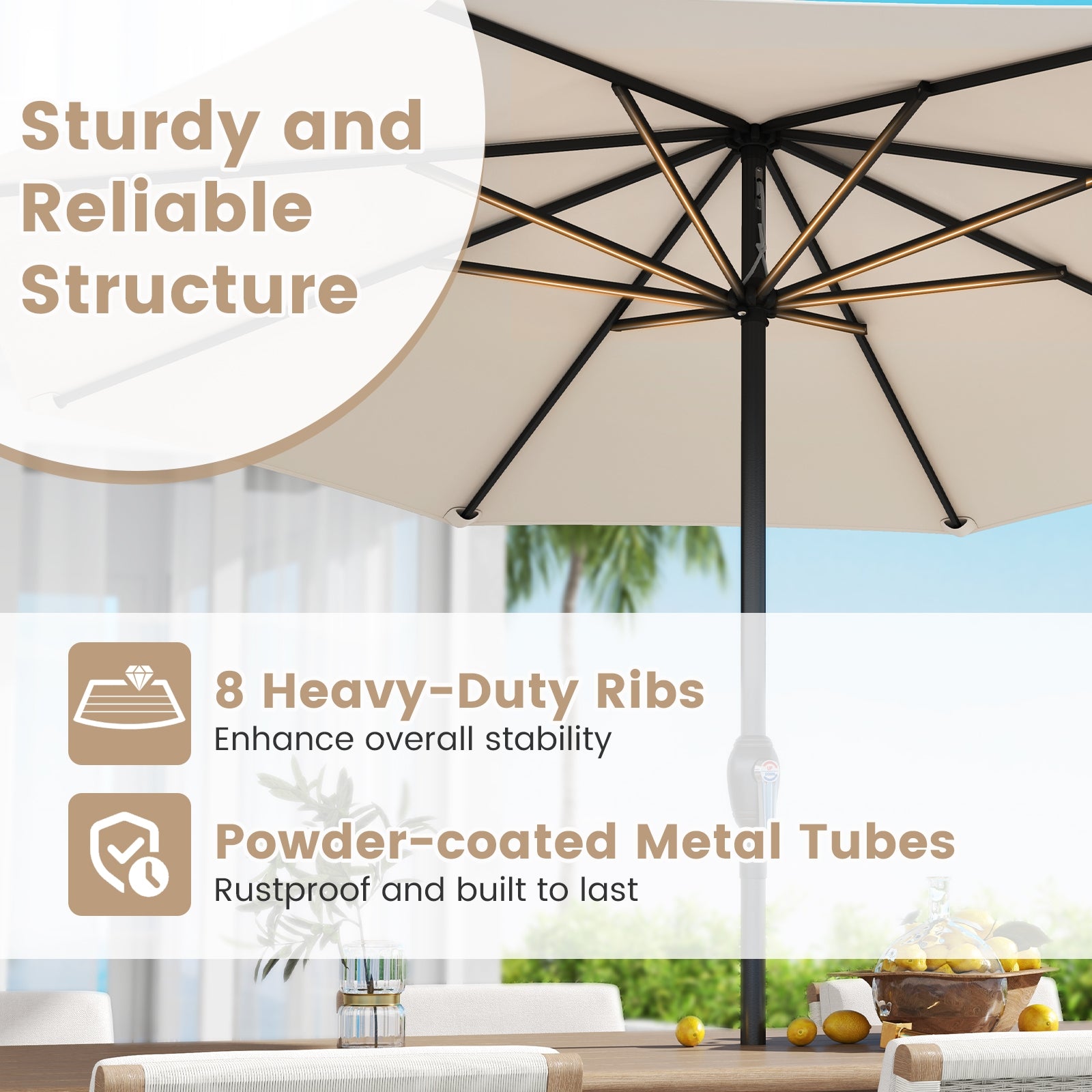 Outdoor Heavy Duty Market Umbrella with Crank Handle and 8 Sturdy Ribs, Beige Outdoor Umbrellas at Gallery Canada