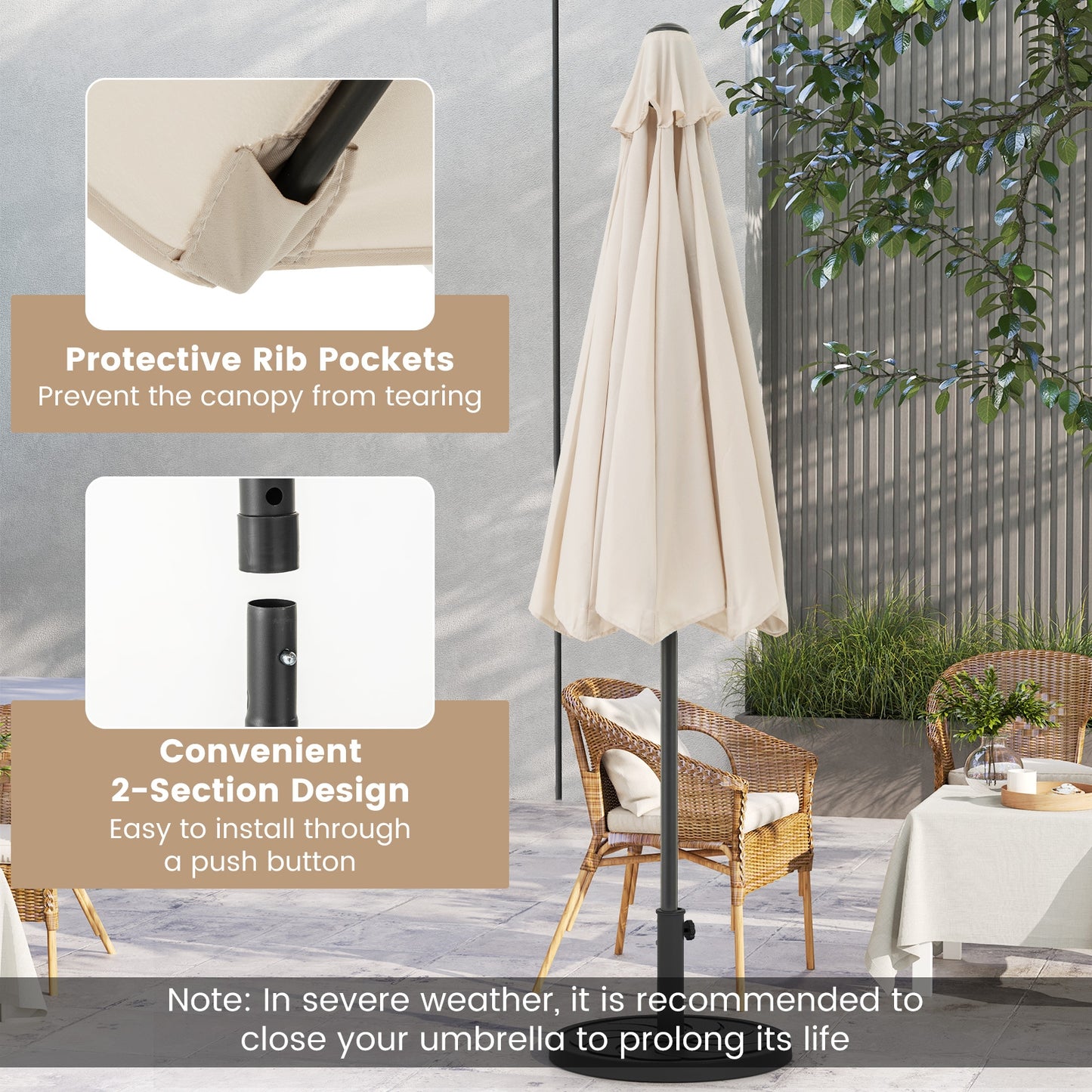 Outdoor Heavy Duty Market Umbrella with Crank Handle and 8 Sturdy Ribs, Beige Outdoor Umbrellas at Gallery Canada