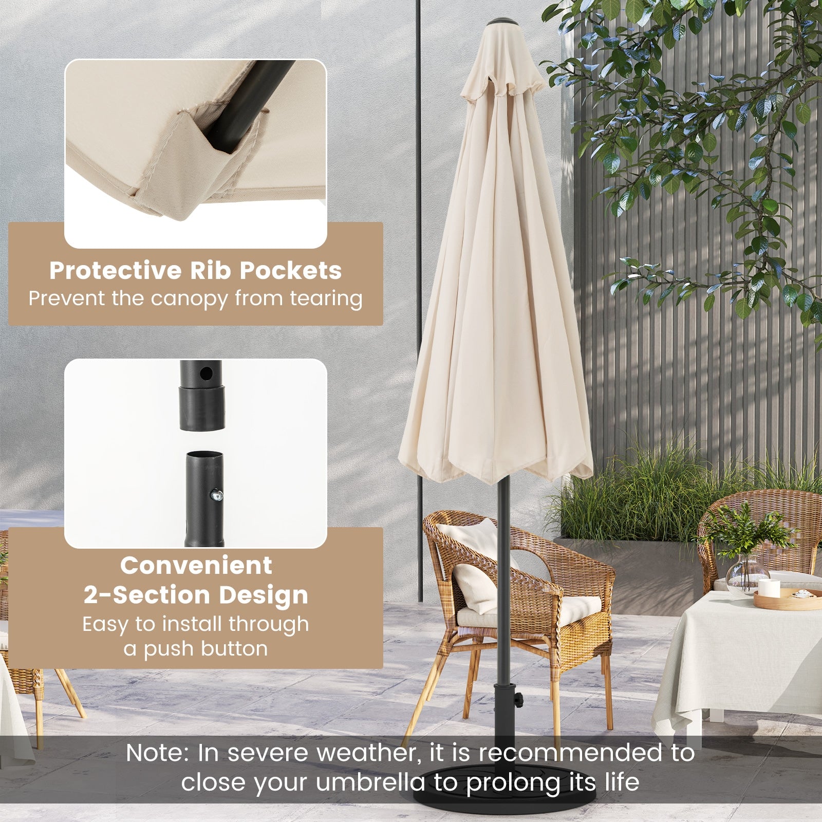 Outdoor Heavy Duty Market Umbrella with Crank Handle and 8 Sturdy Ribs, Beige Outdoor Umbrellas at Gallery Canada