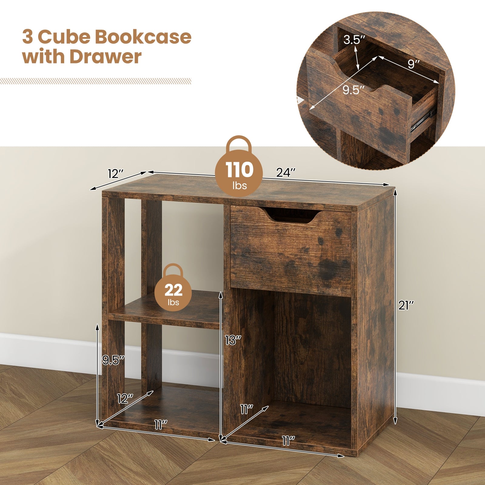 3-Cube Bookcase, 2-Tier Wooden Storage Shelf, Brown Bookcases at Gallery Canada