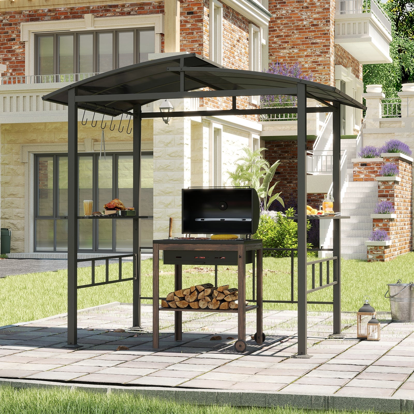 Hardtop Grill Gazebo with Vented Polycarbonate Roof Side Shelves, Black Gazebos at Gallery Canada
