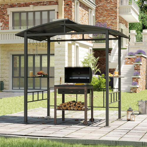 Hardtop Grill Gazebo with Vented Polycarbonate Roof Side Shelves, Black