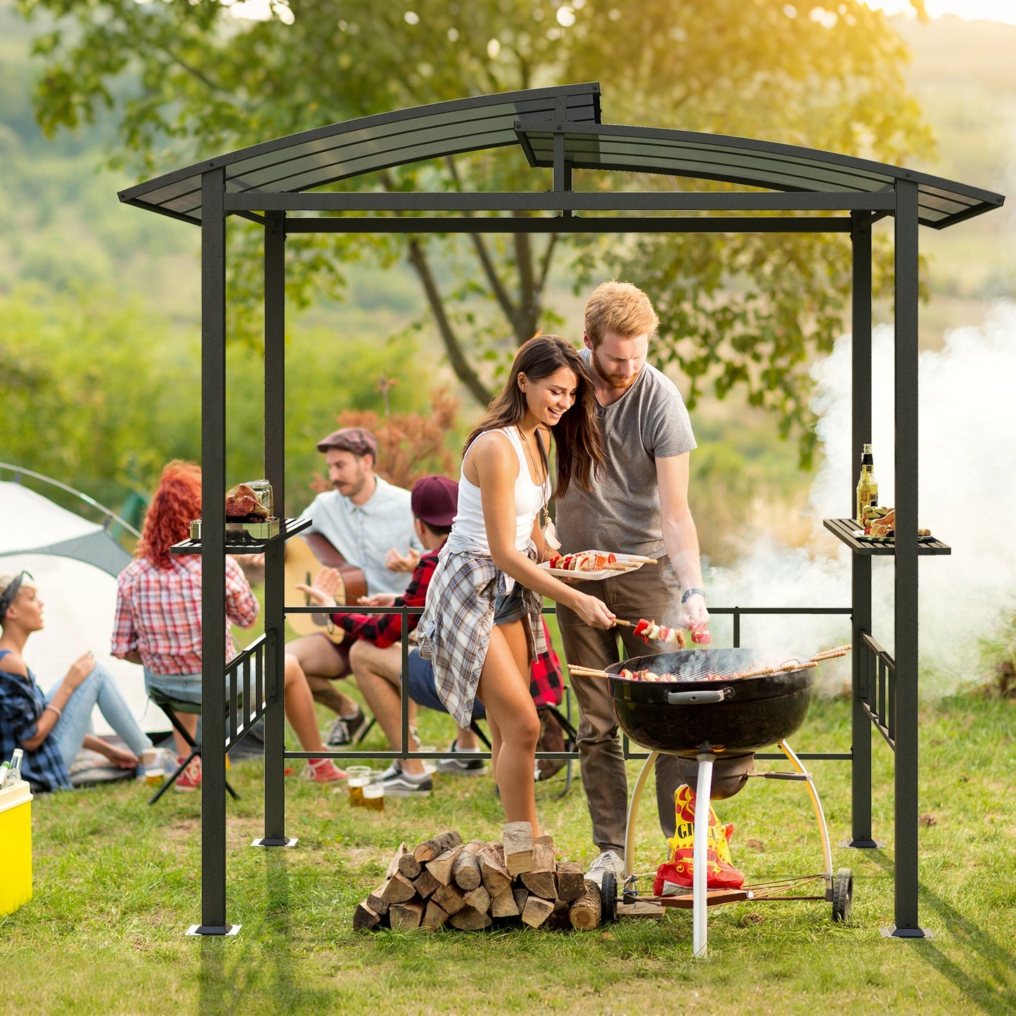 Hardtop Grill Gazebo with Vented Polycarbonate Roof Side Shelves, Black Gazebos at Gallery Canada