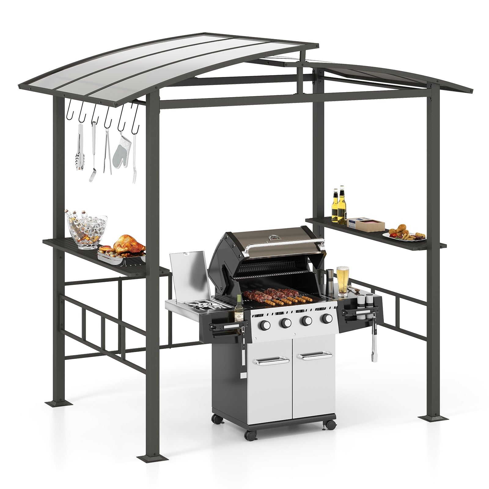 Hardtop Grill Gazebo with Vented Polycarbonate Roof Side Shelves, Black Gazebos at Gallery Canada