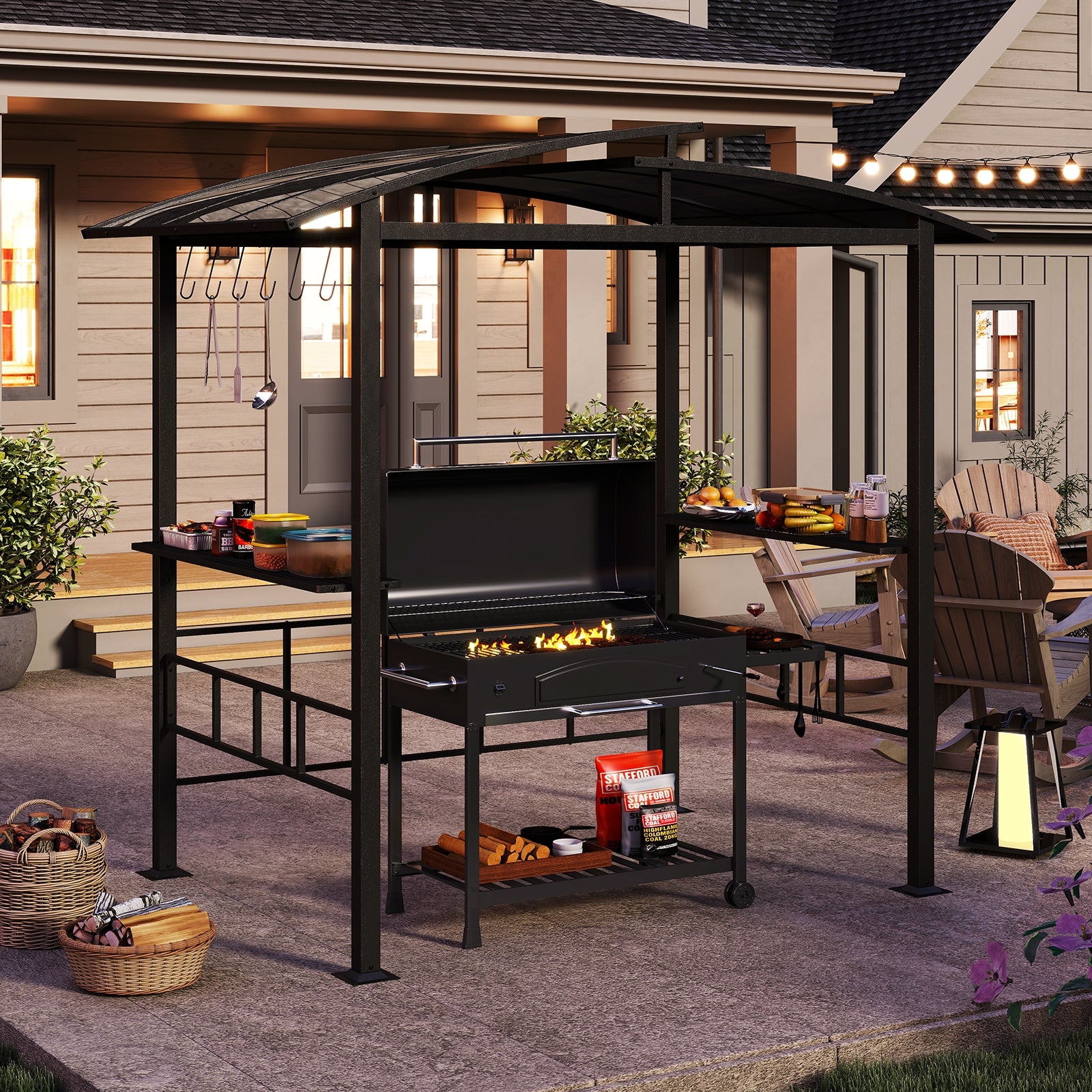 Hardtop Grill Gazebo with Vented Polycarbonate Roof Side Shelves, Black Gazebos at Gallery Canada