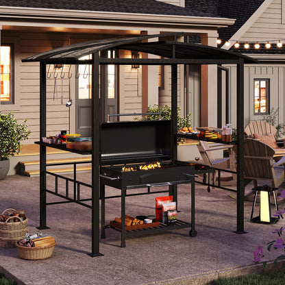 Hardtop Grill Gazebo with Vented Polycarbonate Roof Side Shelves, Black Gazebos at Gallery Canada