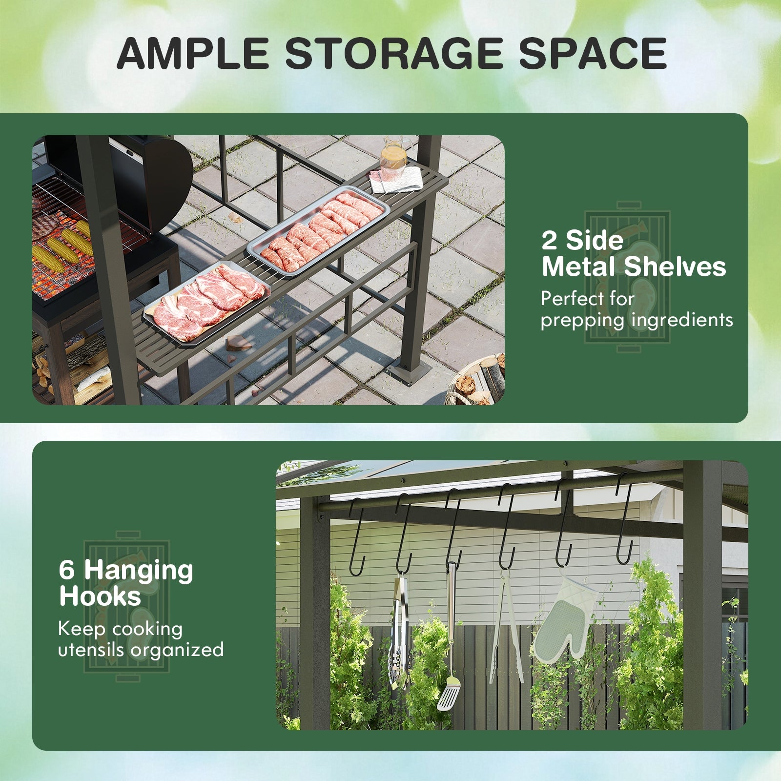 Hardtop Grill Gazebo with Vented Polycarbonate Roof Side Shelves, Black Gazebos at Gallery Canada