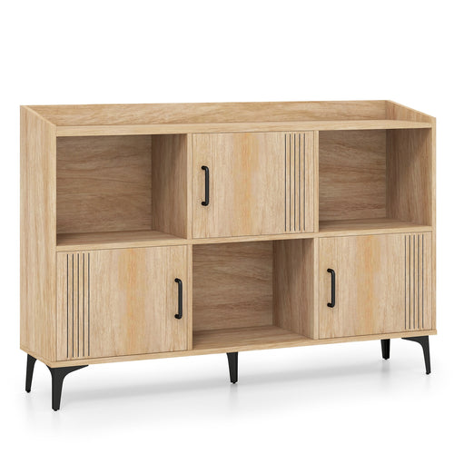 Sideboard Storage Cabinet Bookcase with 3 Doors and Open Compartments, Oak
