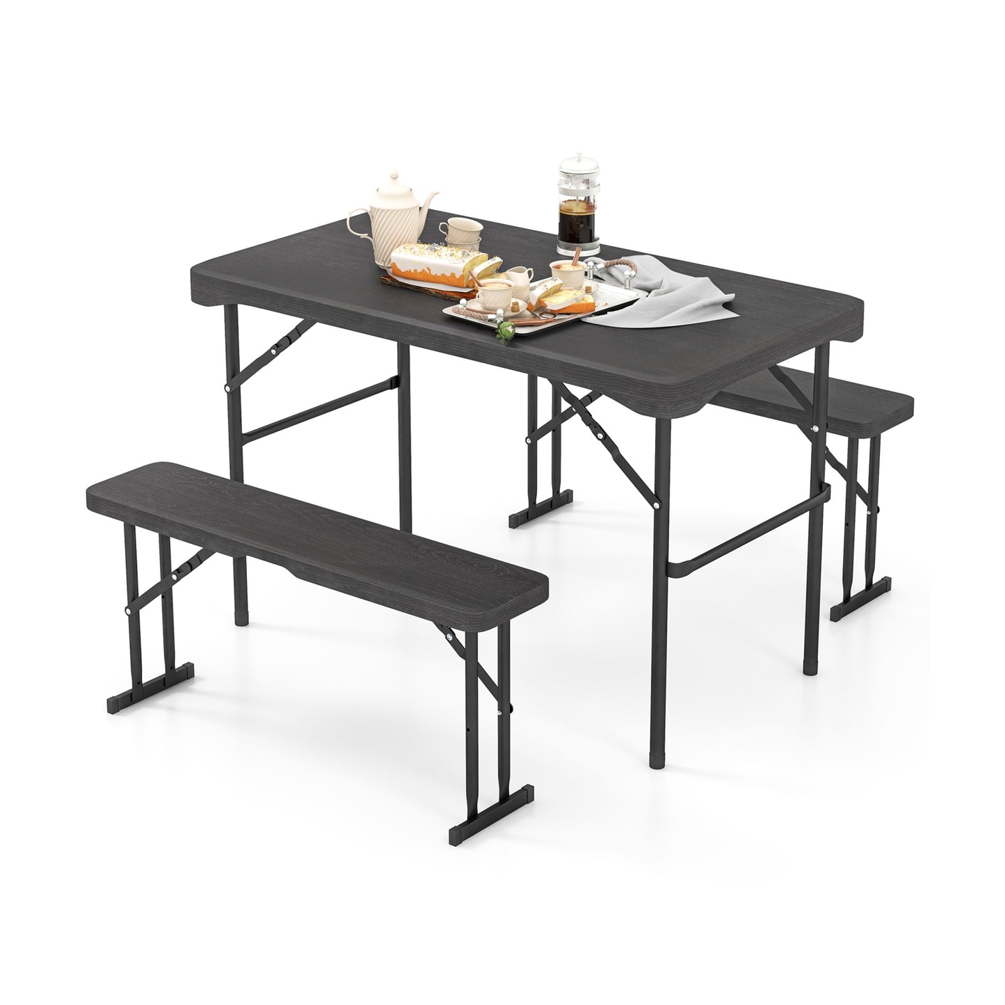 Outdoor Folding Table Bench Set w All-Weather HDPE Tabletop and Sturdy Metal Frame, Black Patio Dining Sets at Gallery Canada
