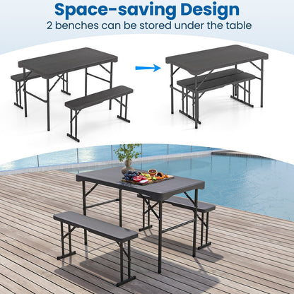 Outdoor Folding Table Bench Set w All-Weather HDPE Tabletop and Sturdy Metal Frame, Black Patio Dining Sets at Gallery Canada