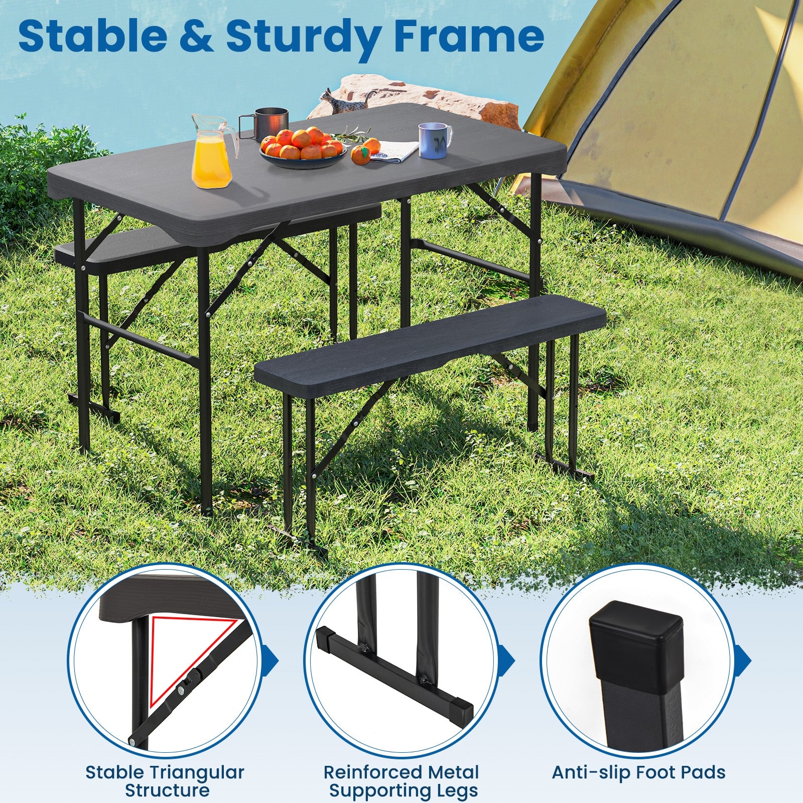 Outdoor Folding Table Bench Set w All-Weather HDPE Tabletop and Sturdy Metal Frame, Black Patio Dining Sets at Gallery Canada